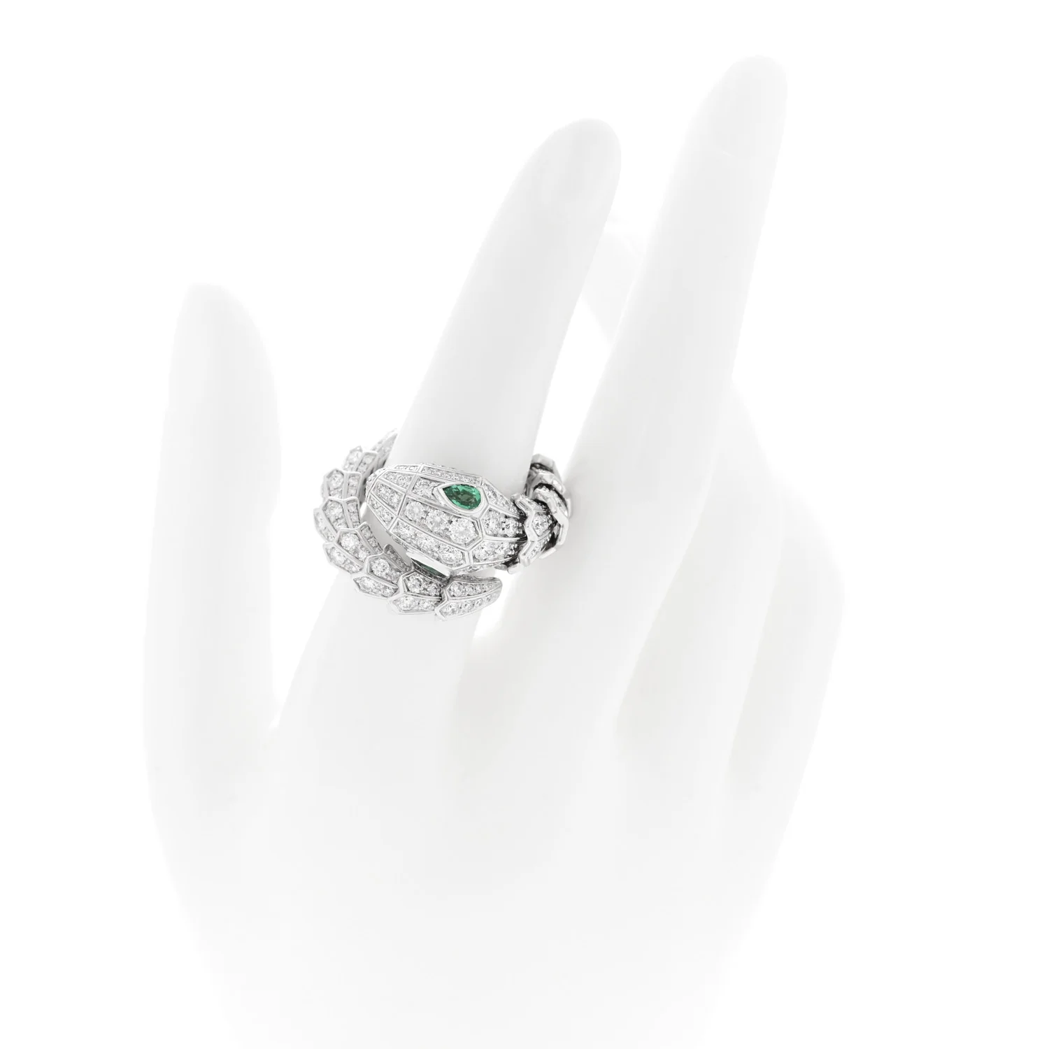 18K White Gold Diamond Emerald Serpenti Pave Ring S - Image 2