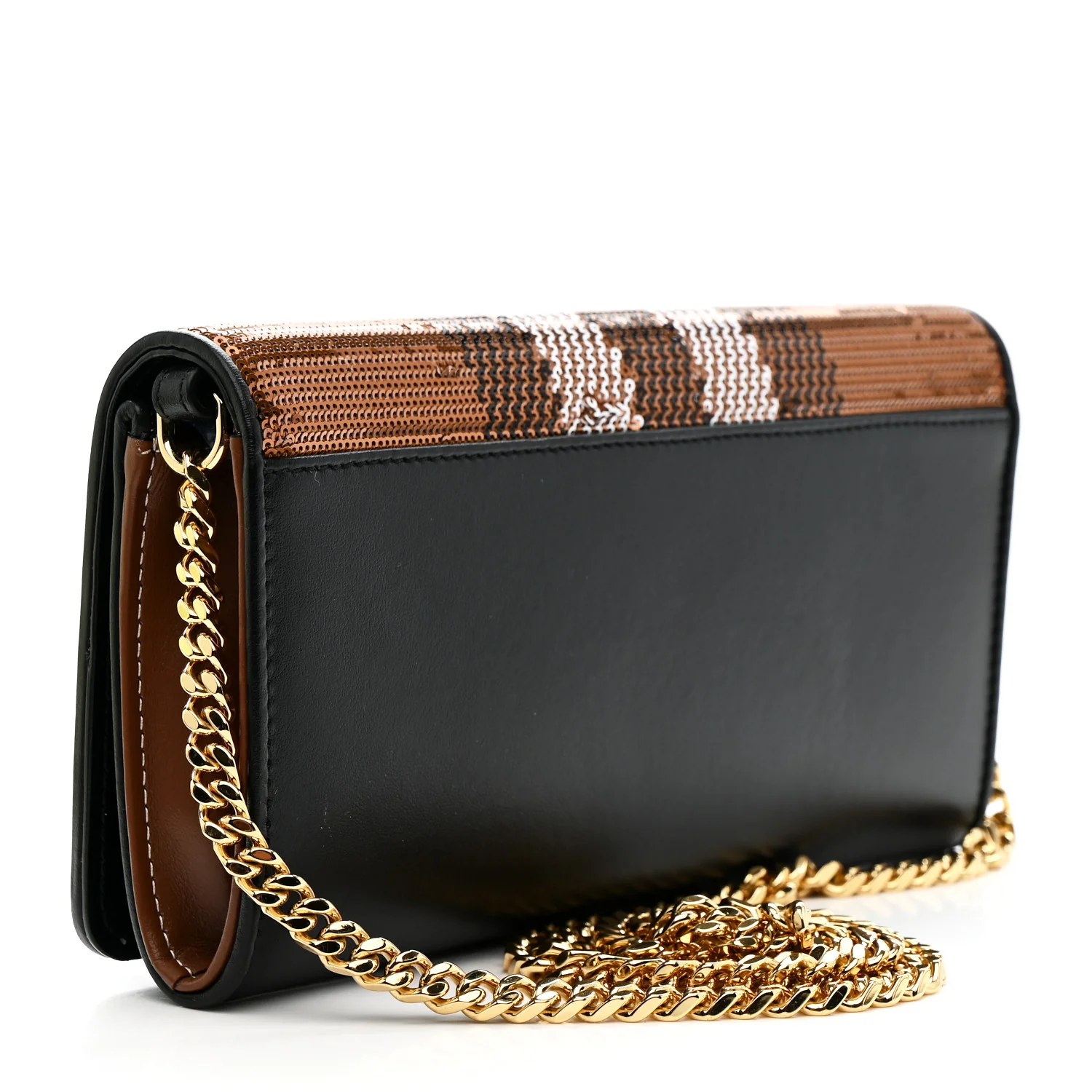 Calfskin Sequin Check Embellished TB Lola Chain Wallet Dark Birch - Image 3