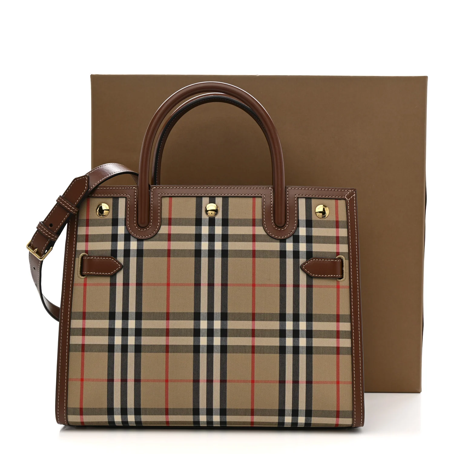 Calfskin Vintage Check Two Handle Title Bag  Archive Beige - Image 12