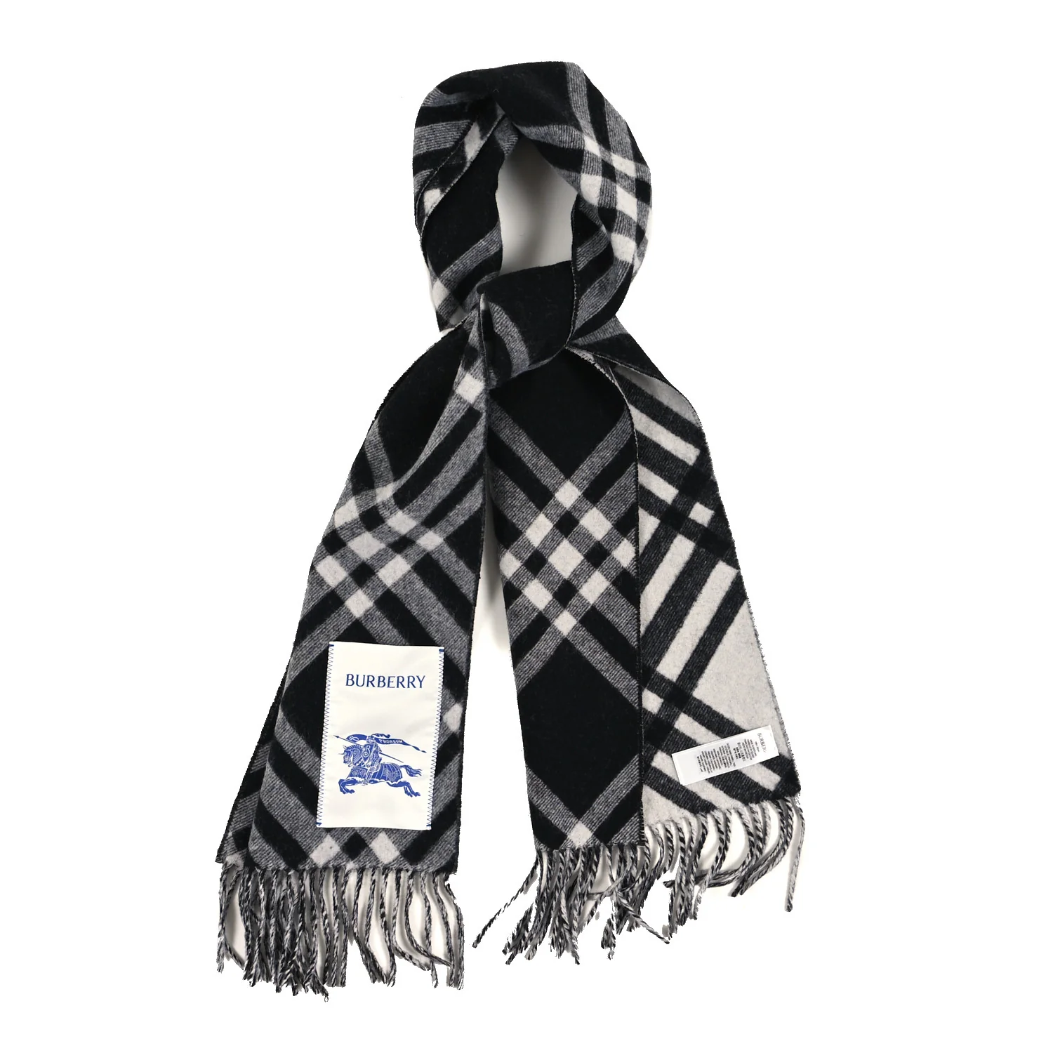 Cashmere Giant Check Fringe Scarf Black