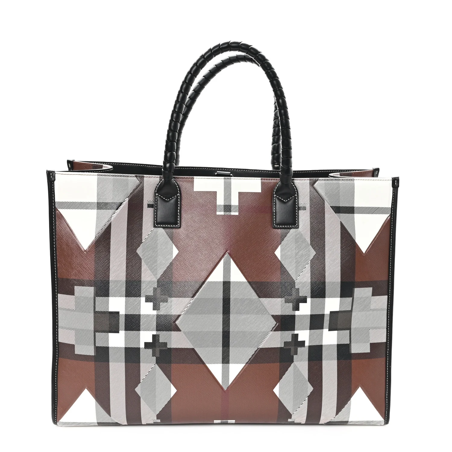 E-Canvas Calfskin Geometric Check Tote Hand Bag Brown White Black