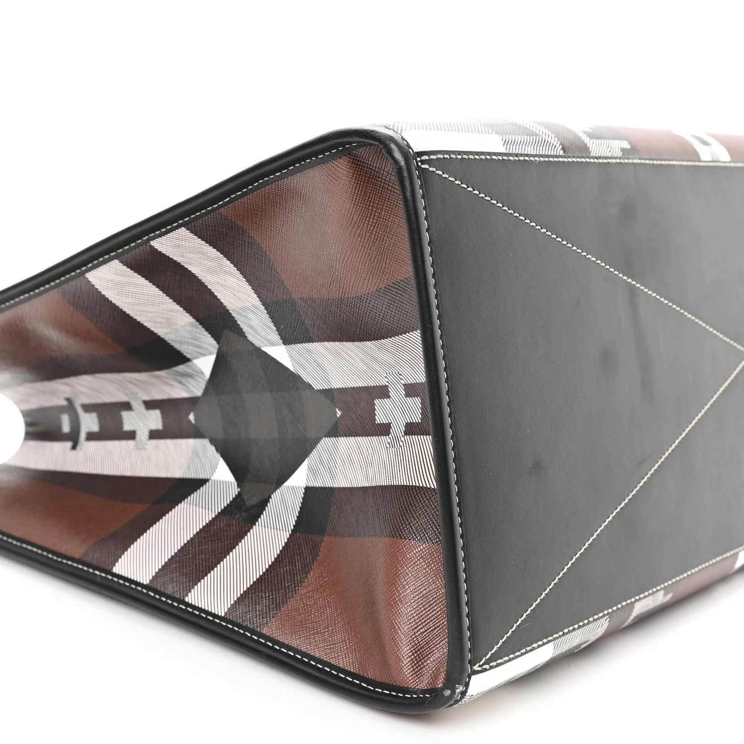 E-Canvas Calfskin Geometric Check Tote Hand Bag Brown White Black - Image 10