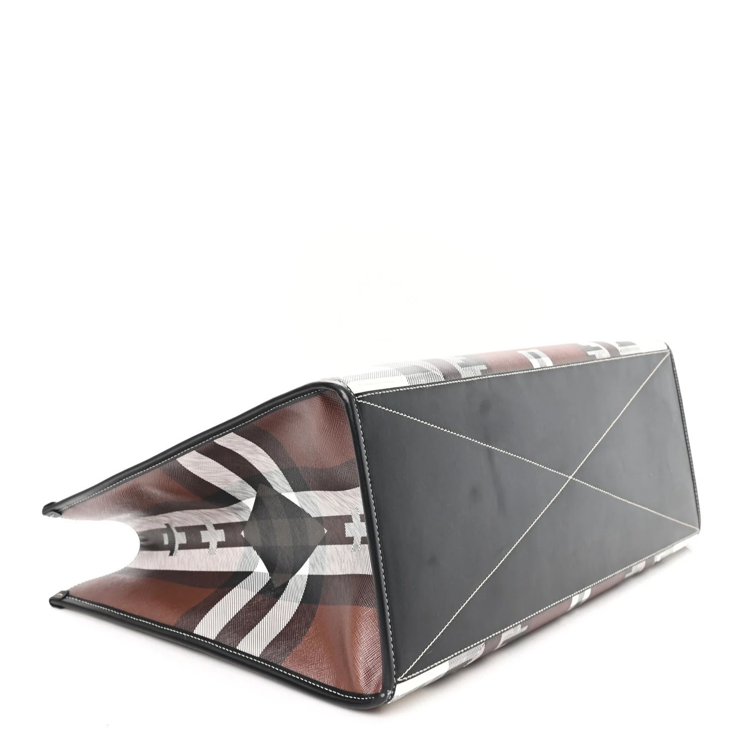 E-Canvas Calfskin Geometric Check Tote Hand Bag Brown White Black - Image 4