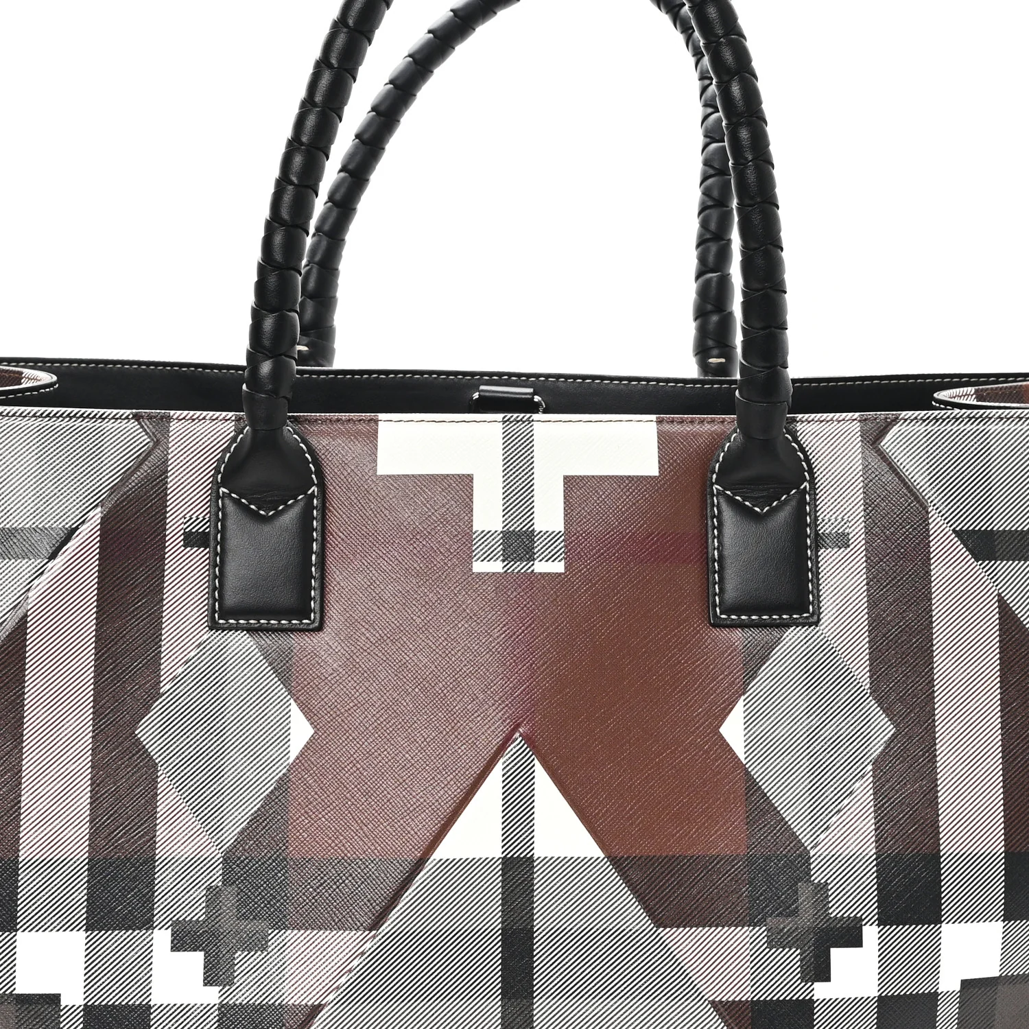 E-Canvas Calfskin Geometric Check Tote Hand Bag Brown White Black - Image 8