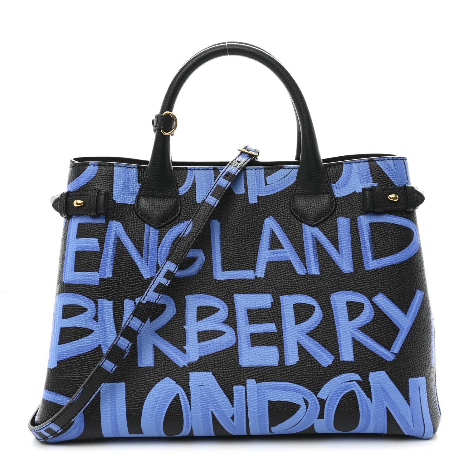 Grainy Calfskin Graffiti Print Medium Banner Tote Black