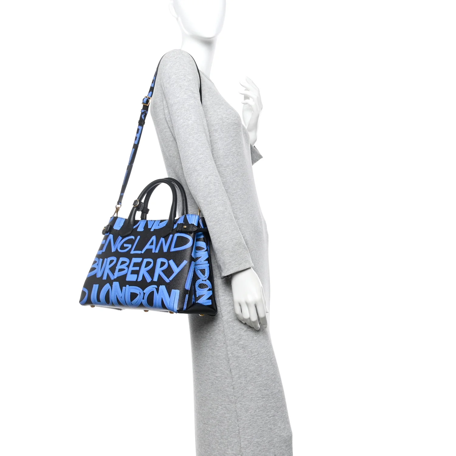 Grainy Calfskin Graffiti Print Medium Banner Tote Black - Image 2