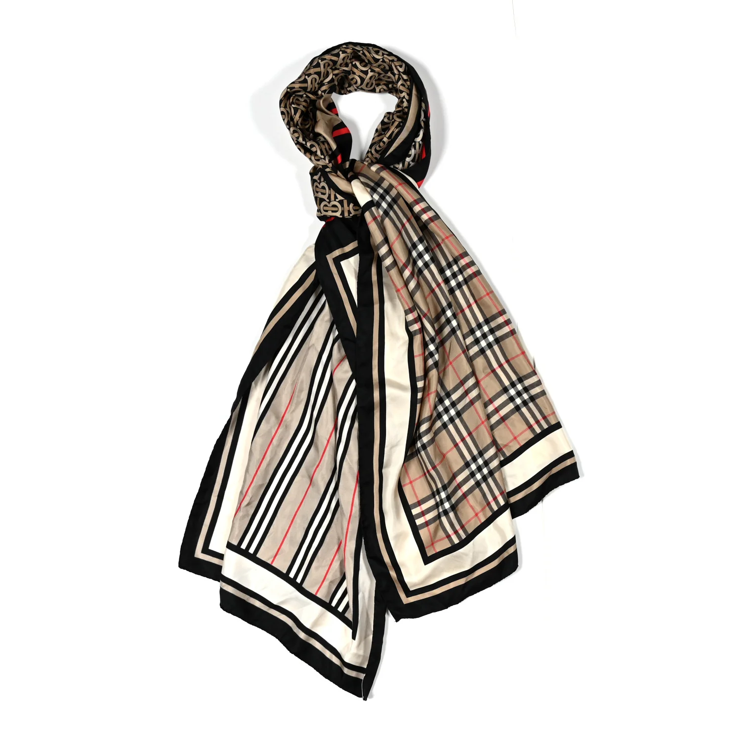 Silk Vintage Check Icon Stripe TB Monogram Print Scarf Archive Beige