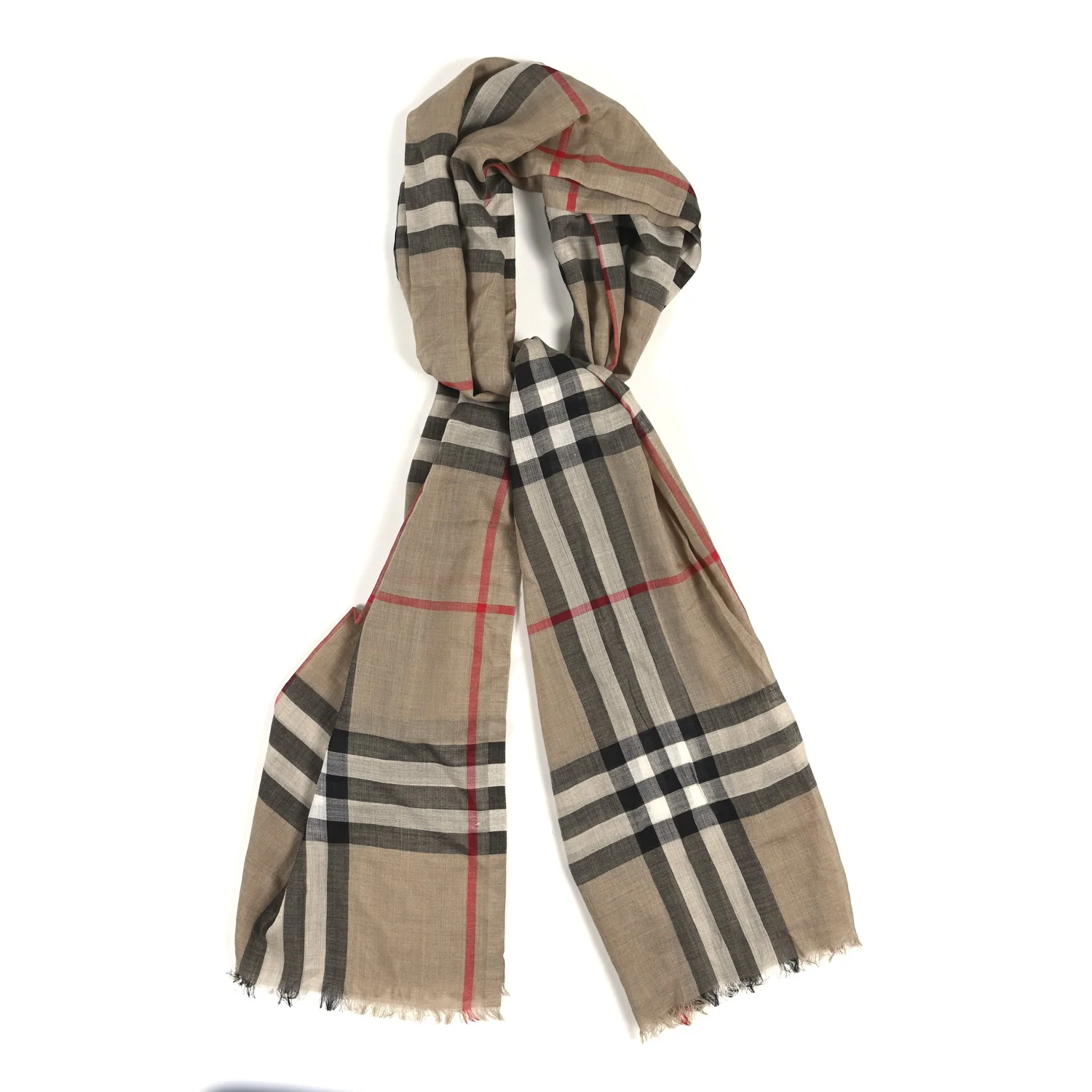 Wool Silk Gauze Giant Check Lightweight Scarf Camel - Image 2