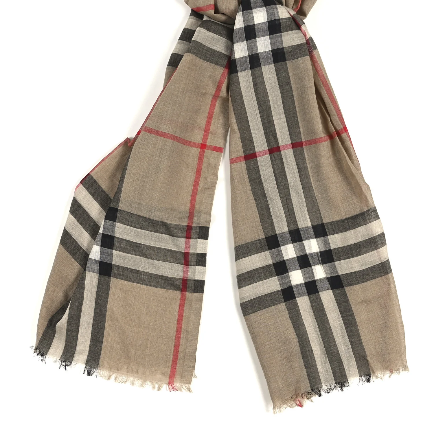 Wool Silk Gauze Giant Check Lightweight Scarf Camel - Image 4