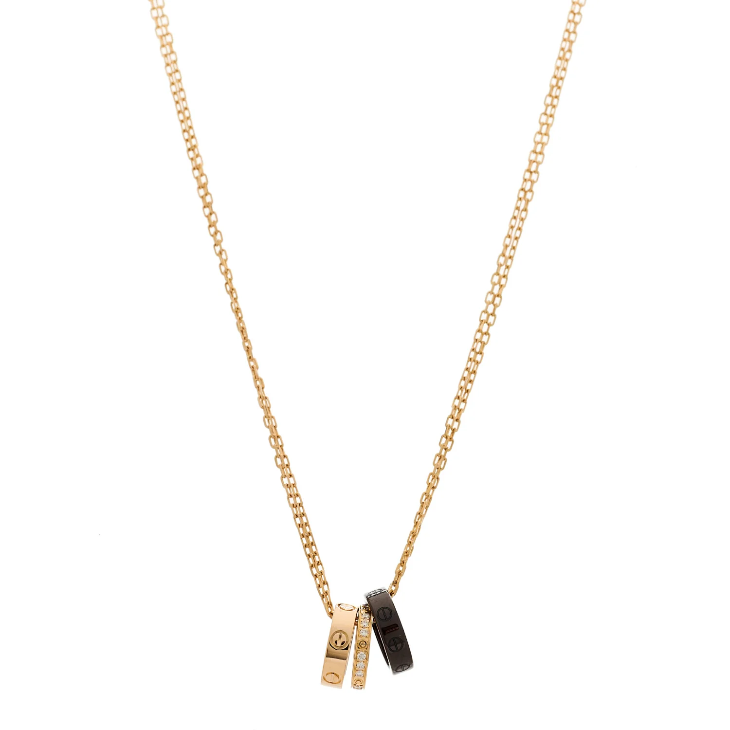 18K Pink Gold Ceramic Diamond Three Ring LOVE Pendant Necklace
