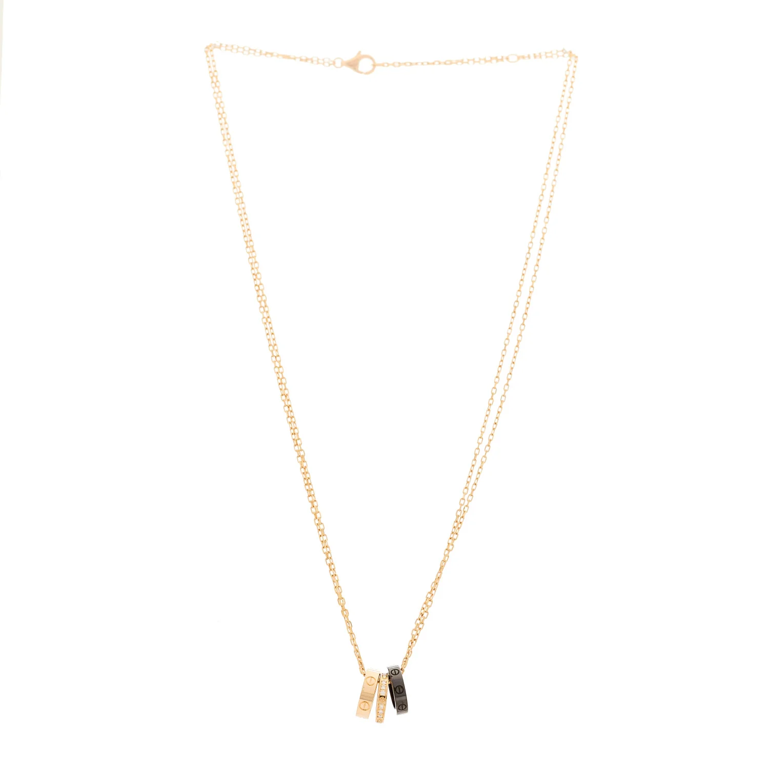 18K Pink Gold Ceramic Diamond Three Ring LOVE Pendant Necklace - Image 3