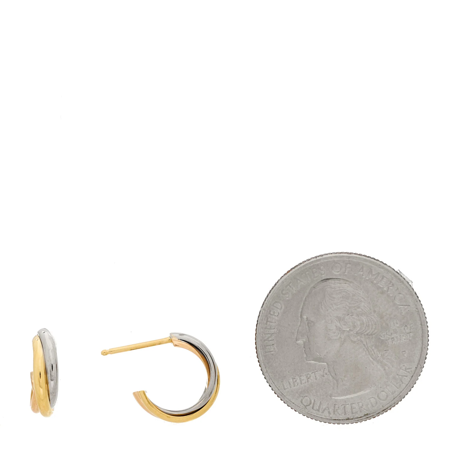 18K Pink Yellow White Gold Small Trinity Hoop Earrings - Image 2
