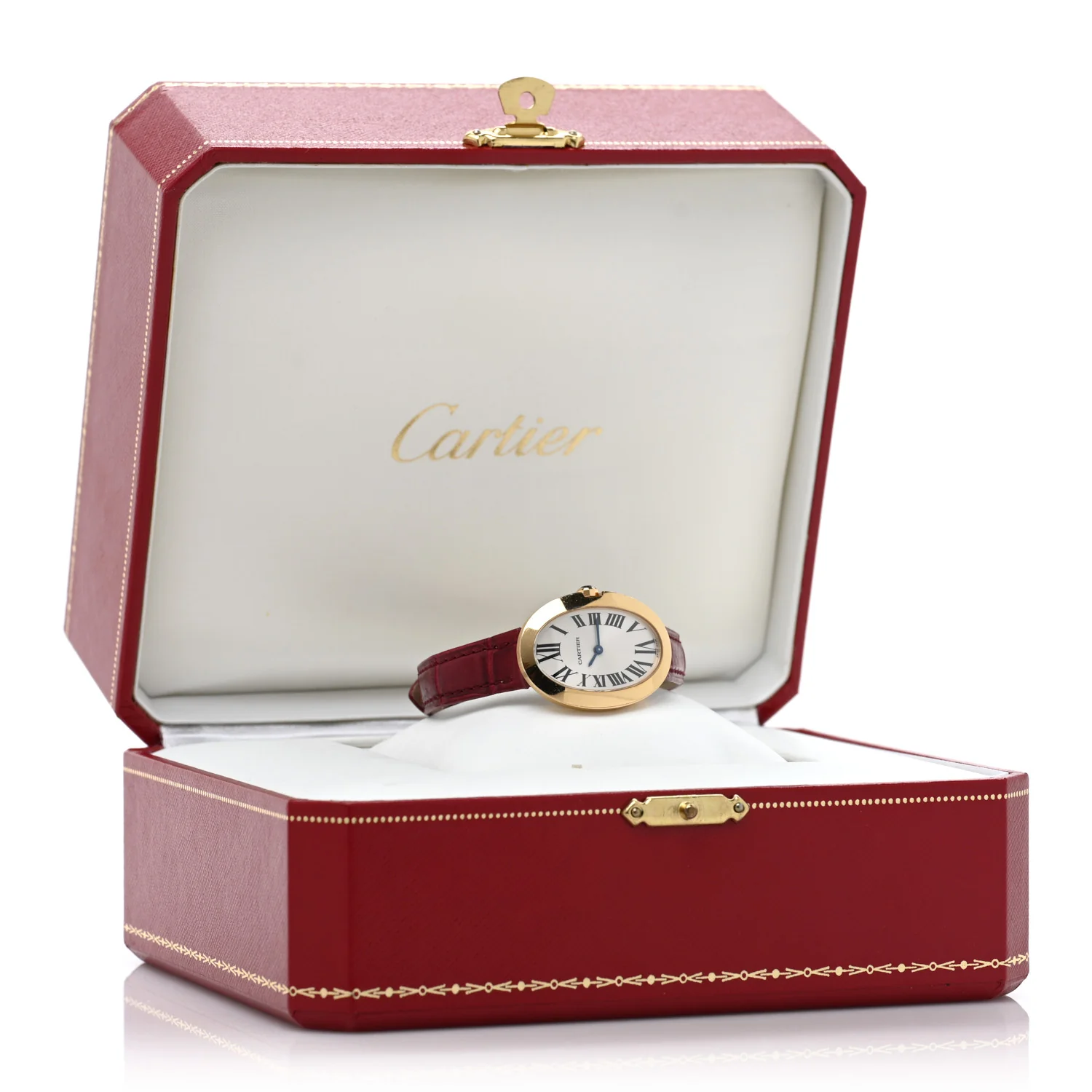 18K Yellow Gold Alligator 24mm Baignoire Quartz Watch Burgundy - Image 5