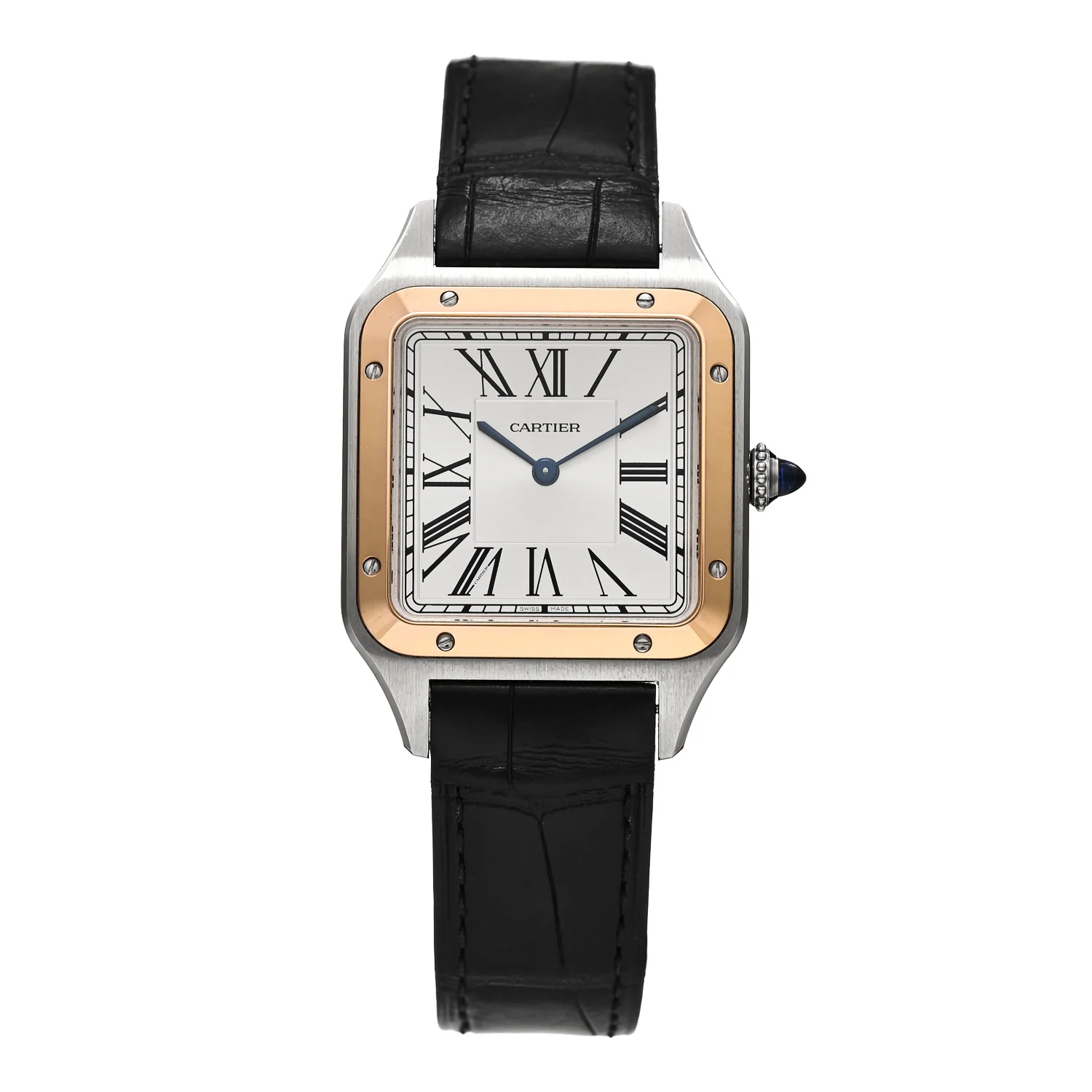 Stainless Steel 18K Pink Gold Alligator 31.4mm Santos Dumont Quartz Watch