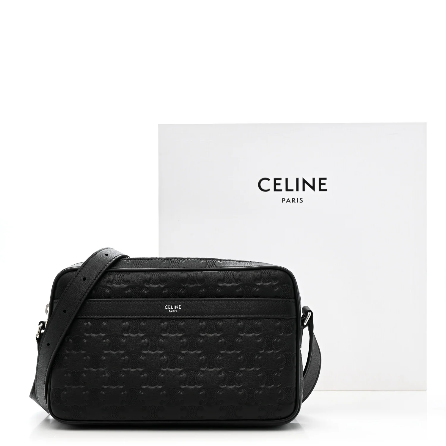 Calfskin Triomphe Embossed Medium Messenger Bag Black - Image 11