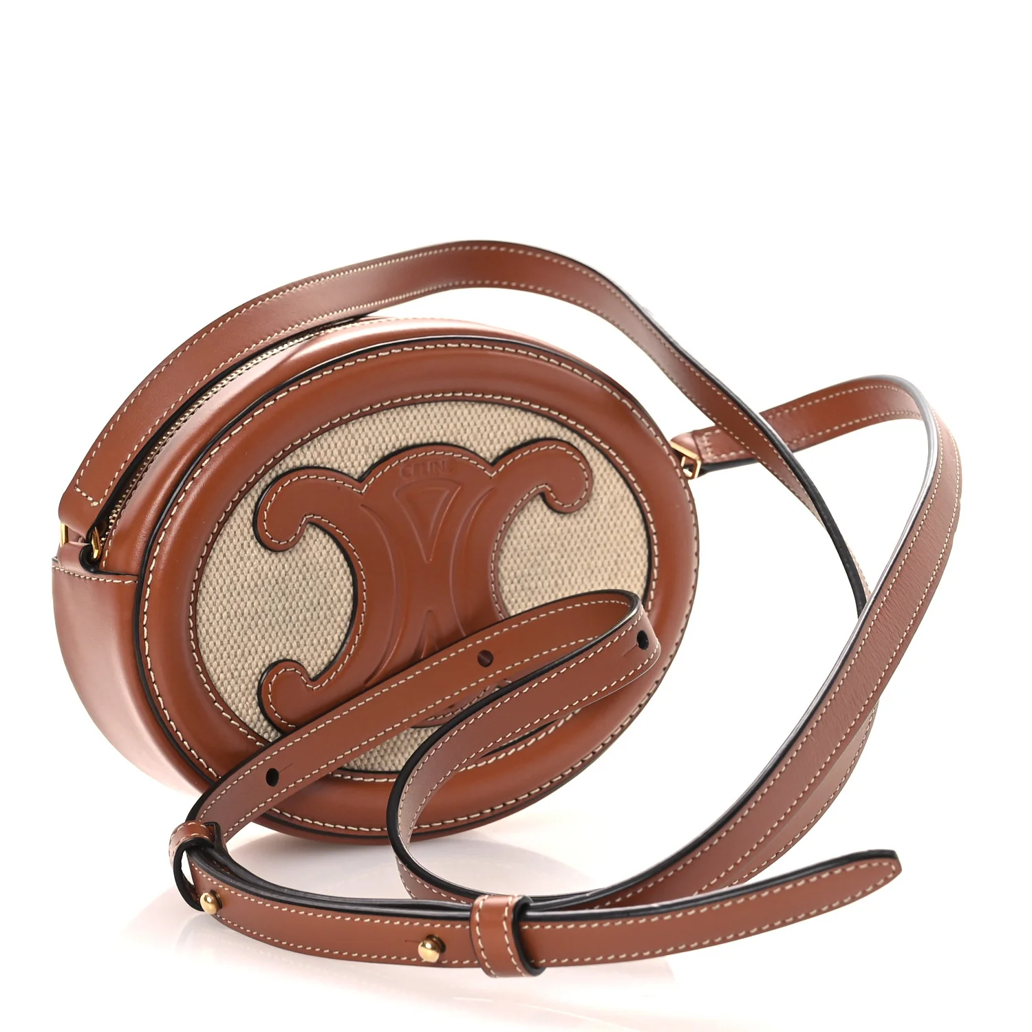 Canvas Calfskin Cuir Small Triomphe Oval Crossbody Purse Natural Tan - Image 2