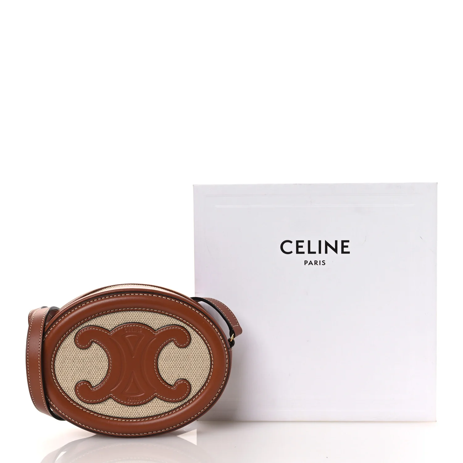 Canvas Calfskin Cuir Small Triomphe Oval Crossbody Purse Natural Tan - Image 9