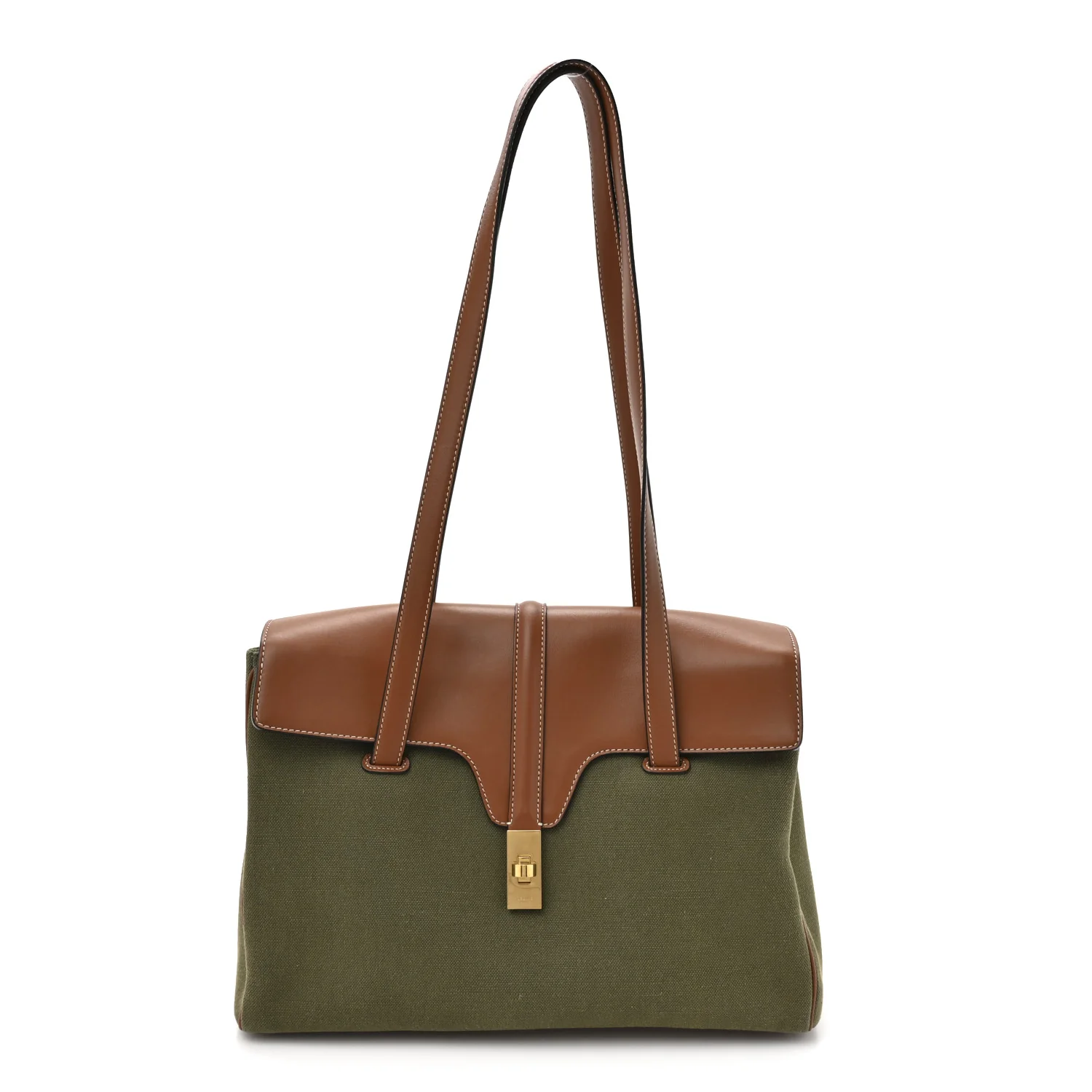 Canvas Calfskin Medium Soft 16 Top Handle Bag Khaki Tan