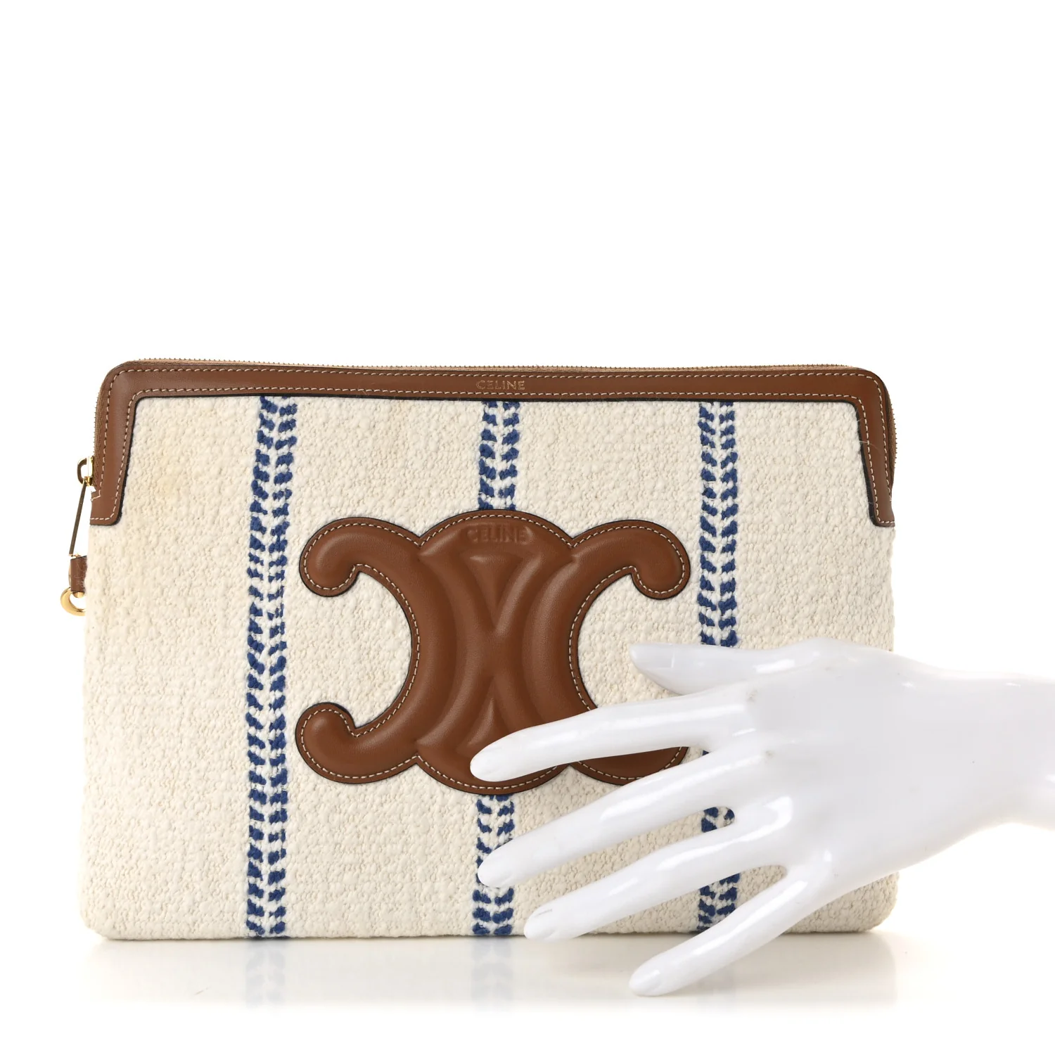 Canvas Calfskin Stripe Triomphe Pouch Thais White Blue - Image 2