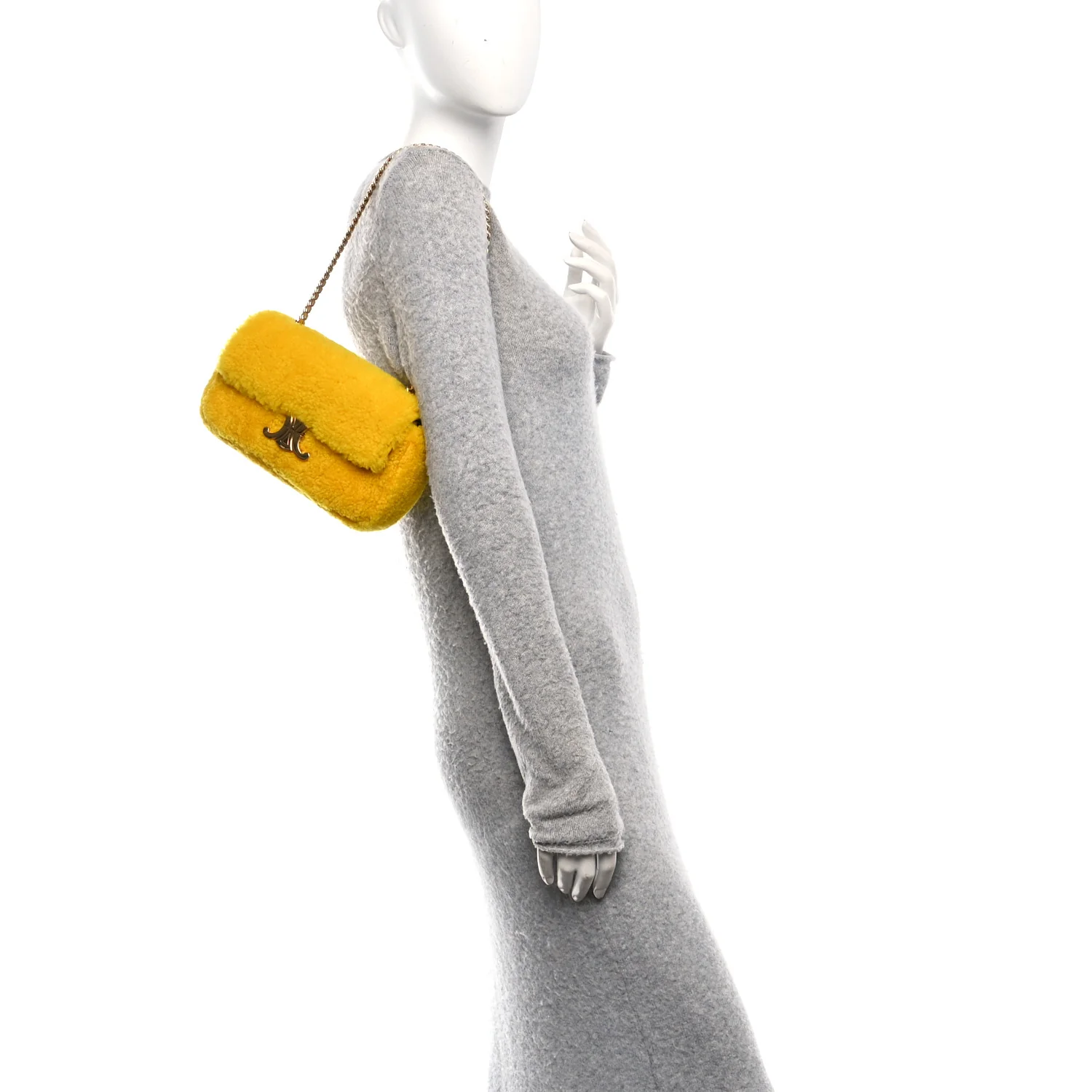Fluffy Shearling Triomphe Claude Chain Shoulder Bag Yellow - Image 2
