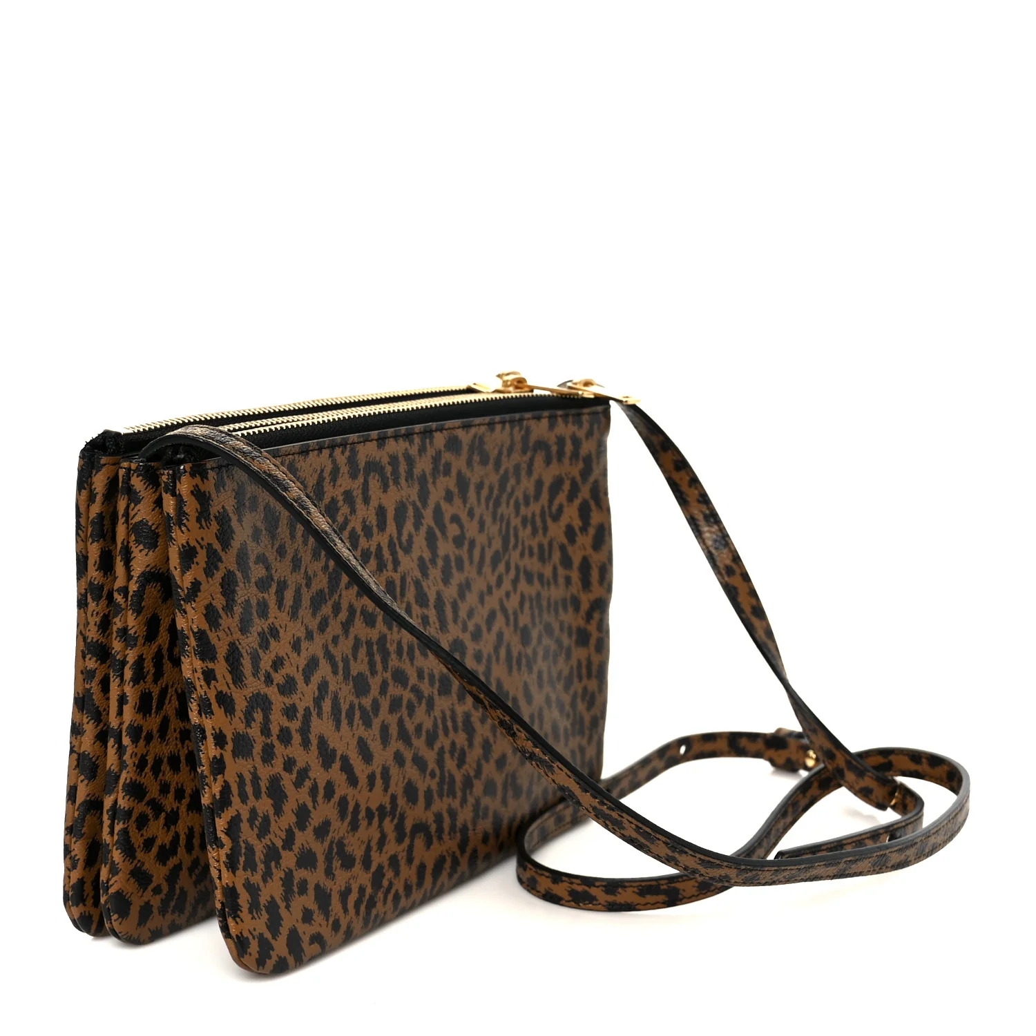 Goatskin Leopard Printed Small Trio Crossbody Bag Brown Black - Image 3