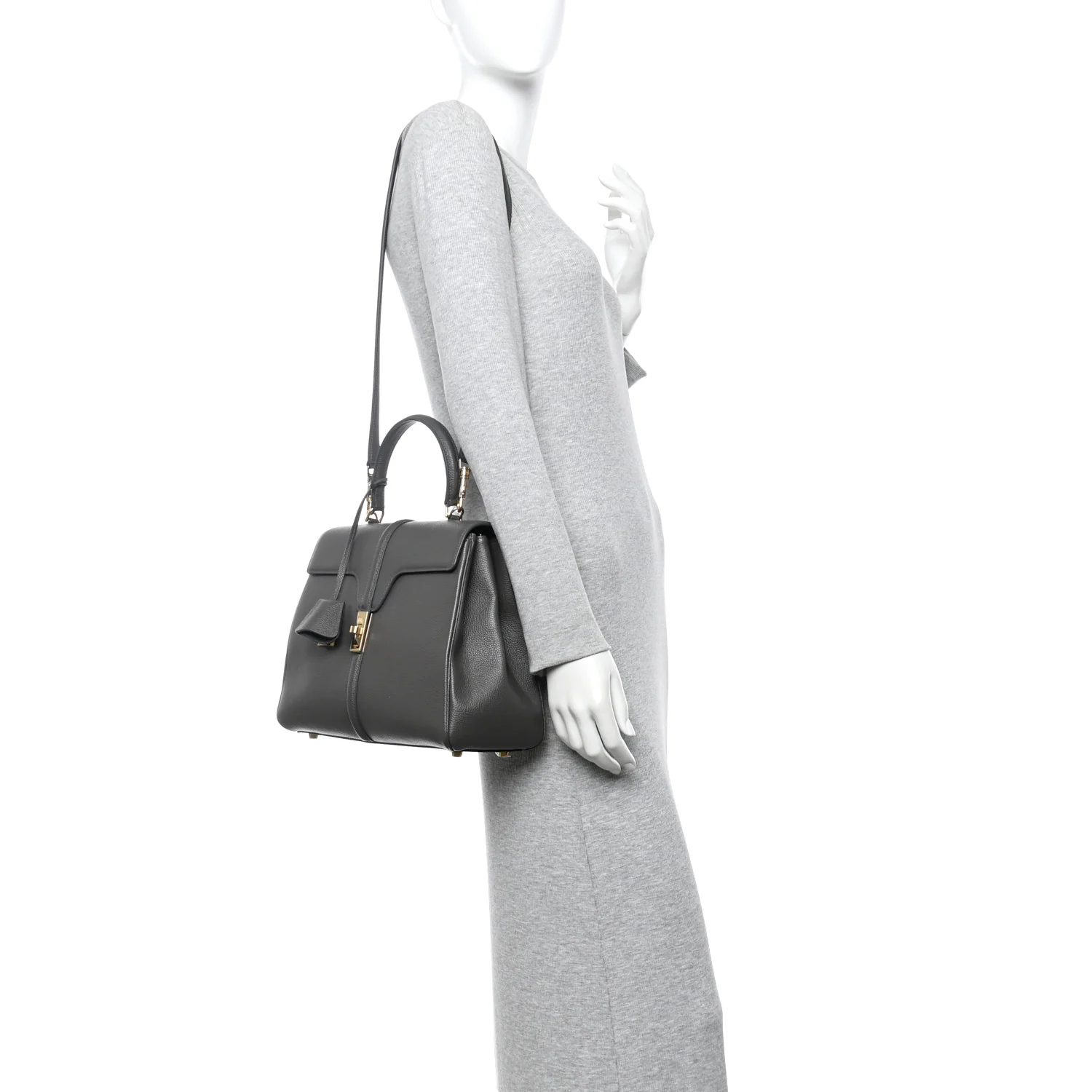 Grained Calfskin Small 16 Top Handle Bag Medium Grey - Image 2