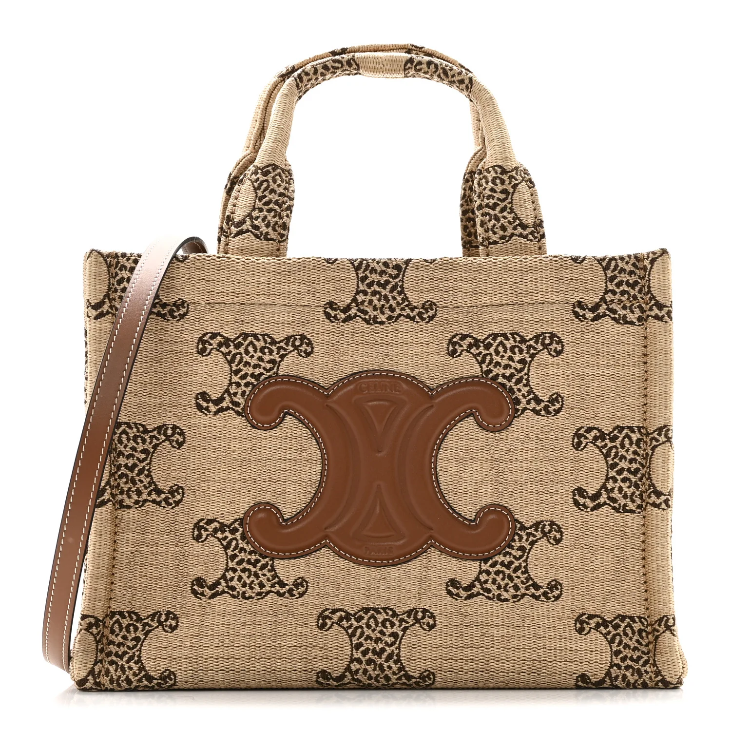 Raffia Effect Calfskin Triomphe Jacquard Small Cabas Natural Tan