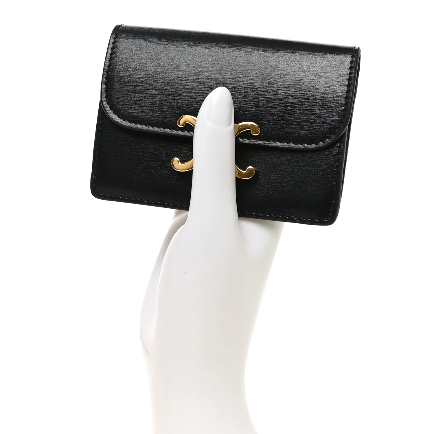 Shiny Calfskin Triomphe Flap Card Holder Black - Image 2