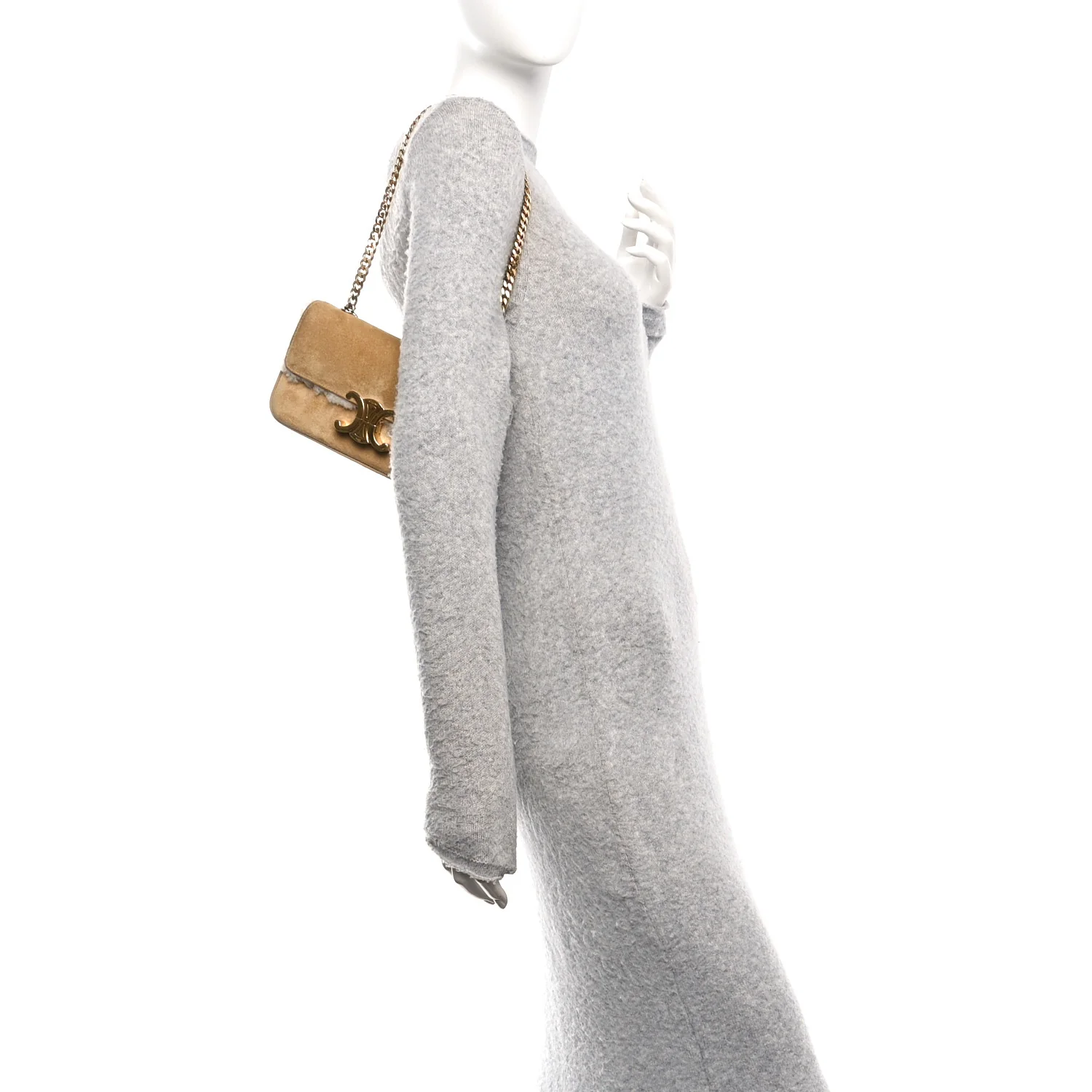 Suede Shearling Triomphe Chain Shoulder Bag Beige - Image 2