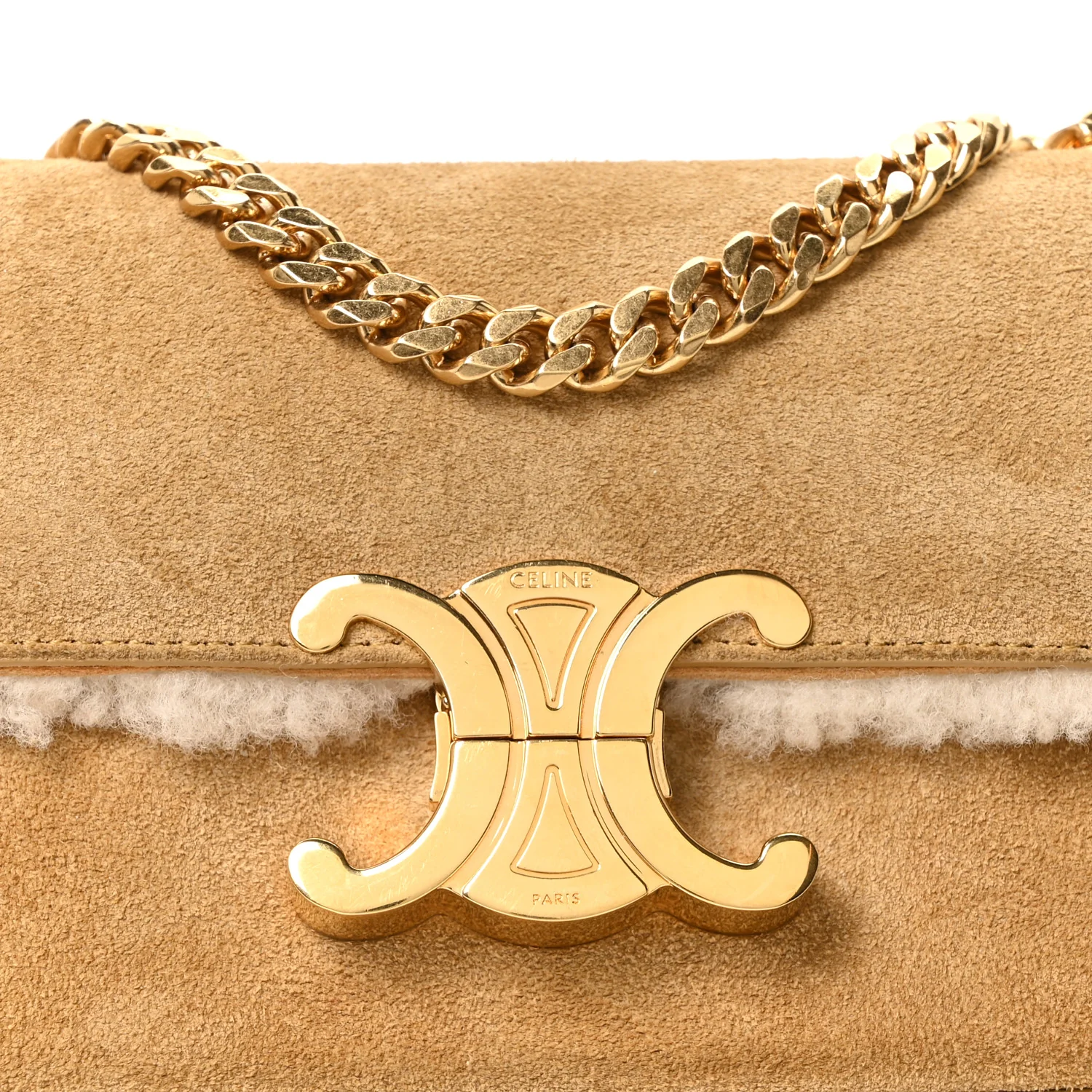 Suede Shearling Triomphe Chain Shoulder Bag Beige - Image 9