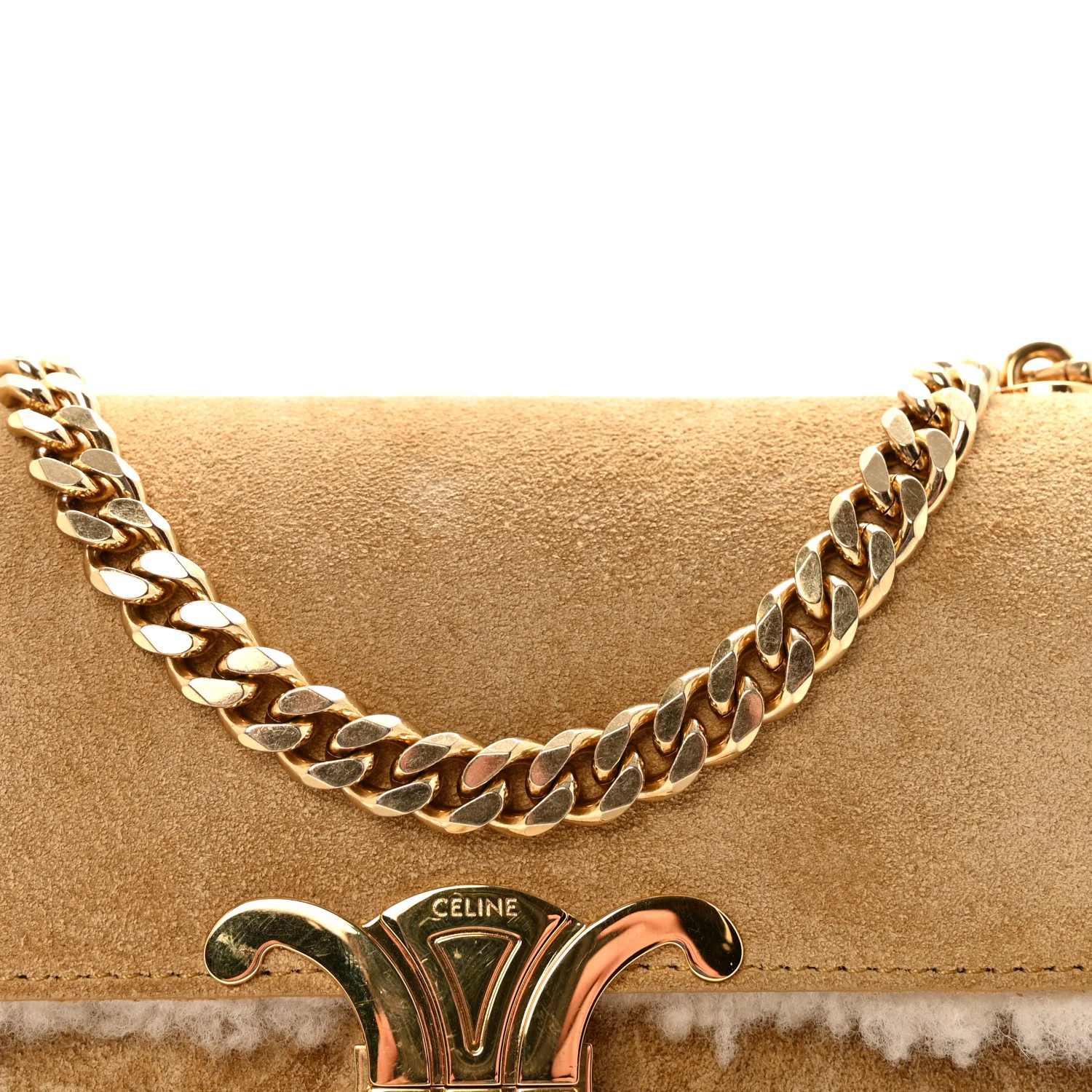 Suede Shearling Triomphe Chain Shoulder Bag Beige - Image 7