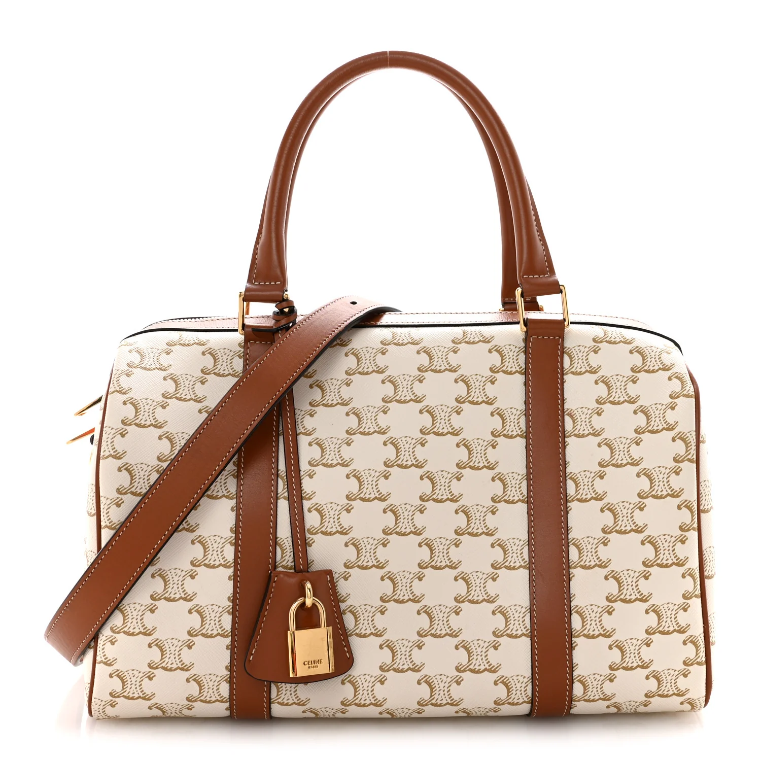 Triomphe Canvas Calfskin Boston Bag White