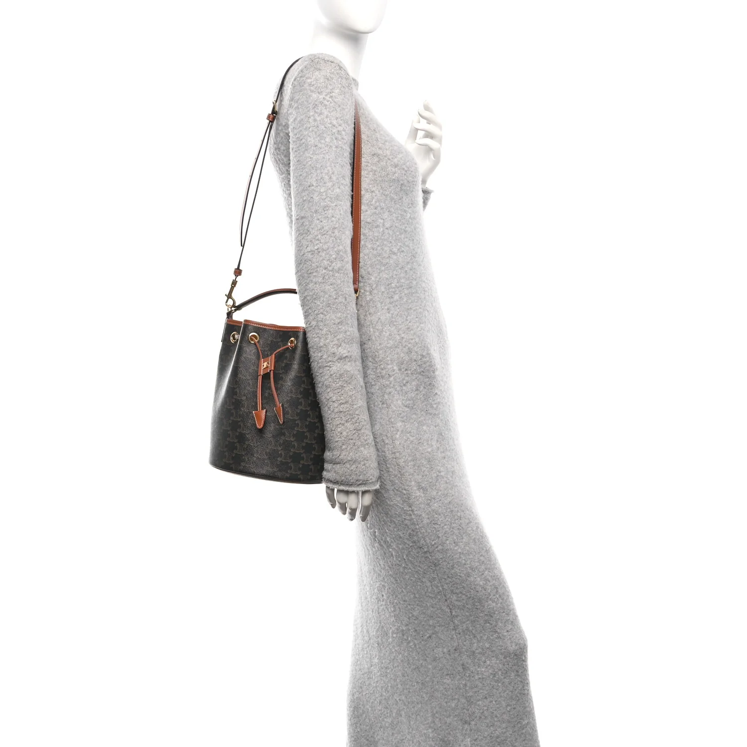 Triomphe Canvas Calfskin Clara Drawstring Bucket Bag Tan - Image 2