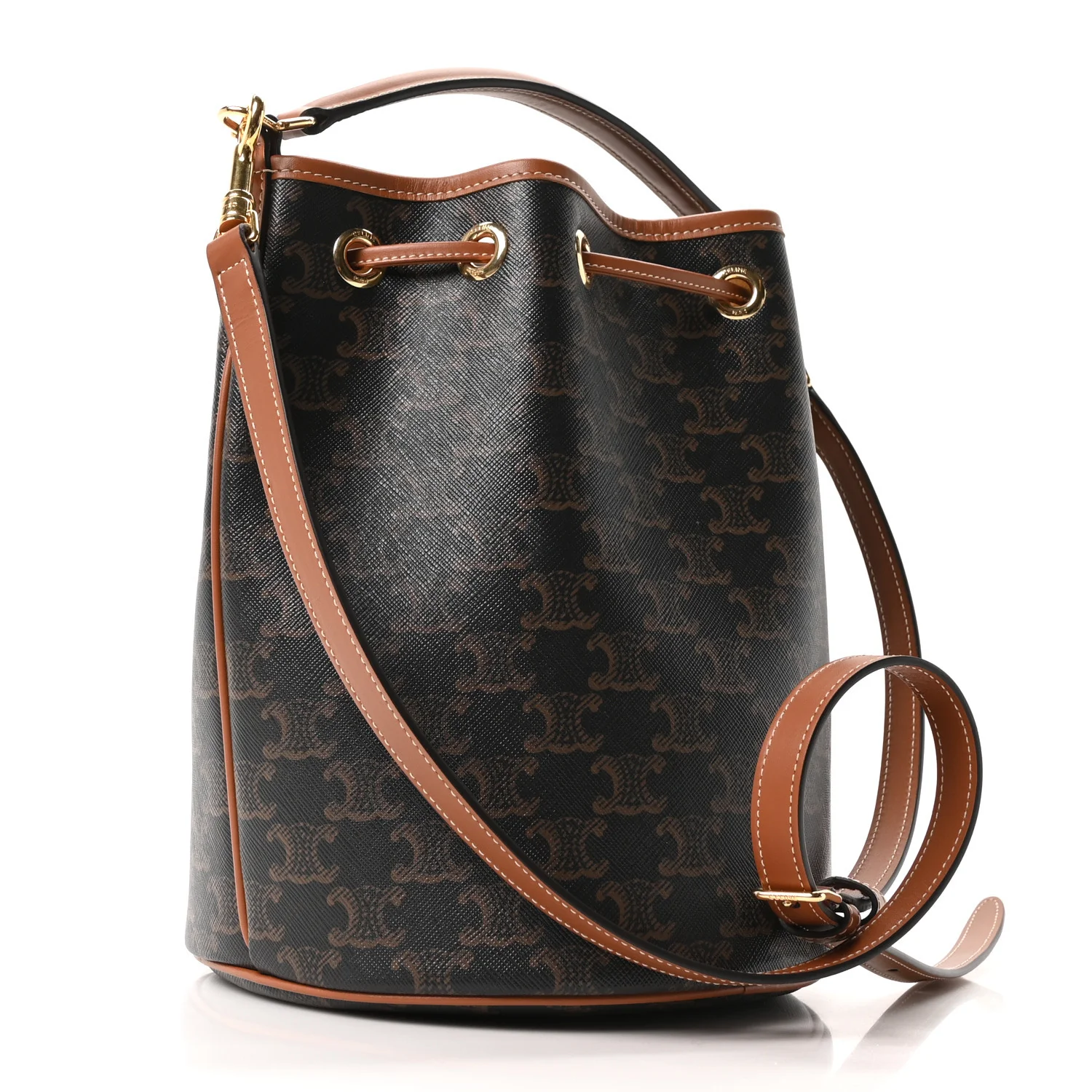 Triomphe Canvas Calfskin Clara Drawstring Bucket Bag Tan - Image 3