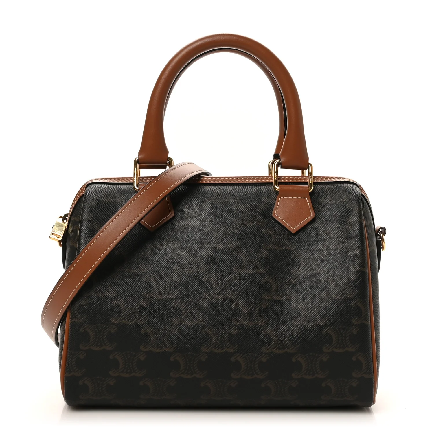 Triomphe Canvas Calfskin Small Boston Bag Tan