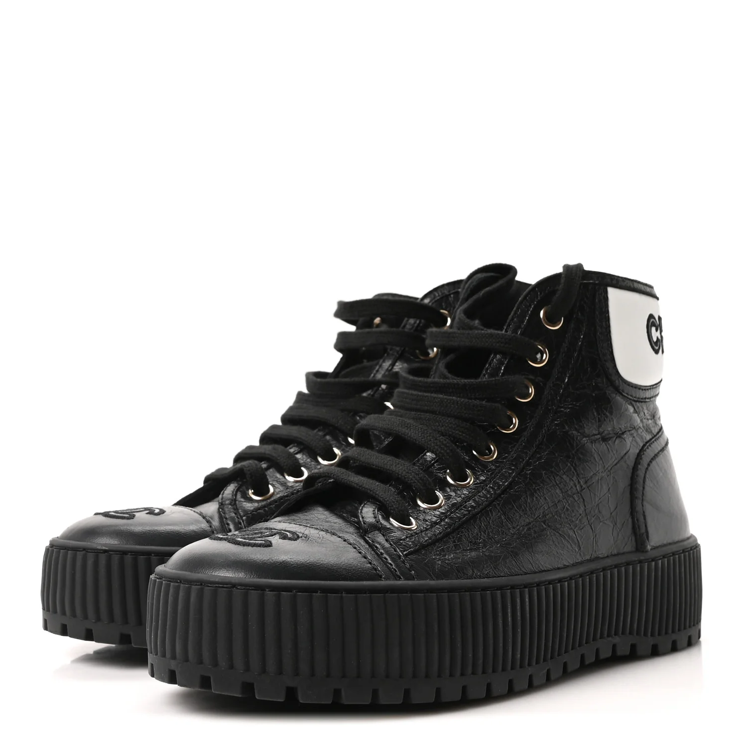 Aged Calfskin Lace Up Cap Toe Sneakers 36 Black White - Image 4