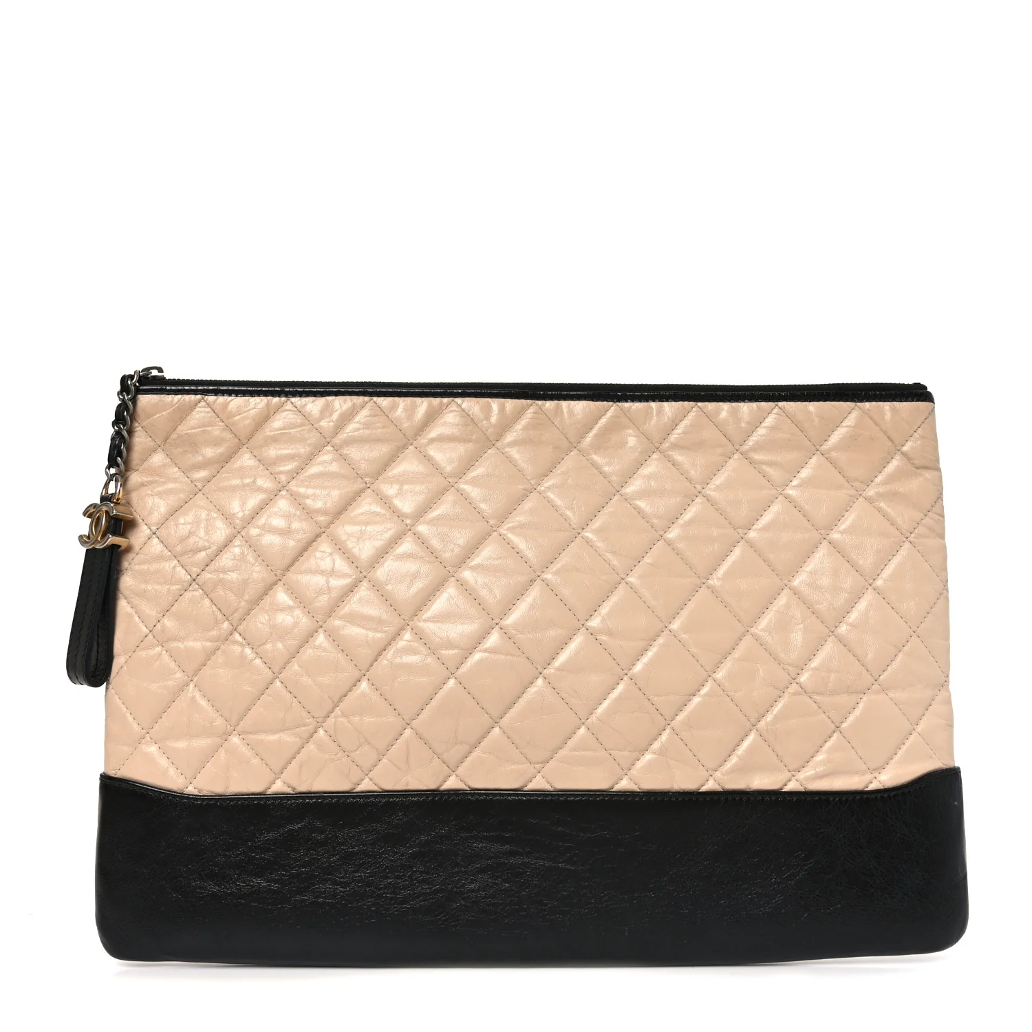 Aged Calfskin Quilted Large Gabrielle Cosmetic Case Beige Black