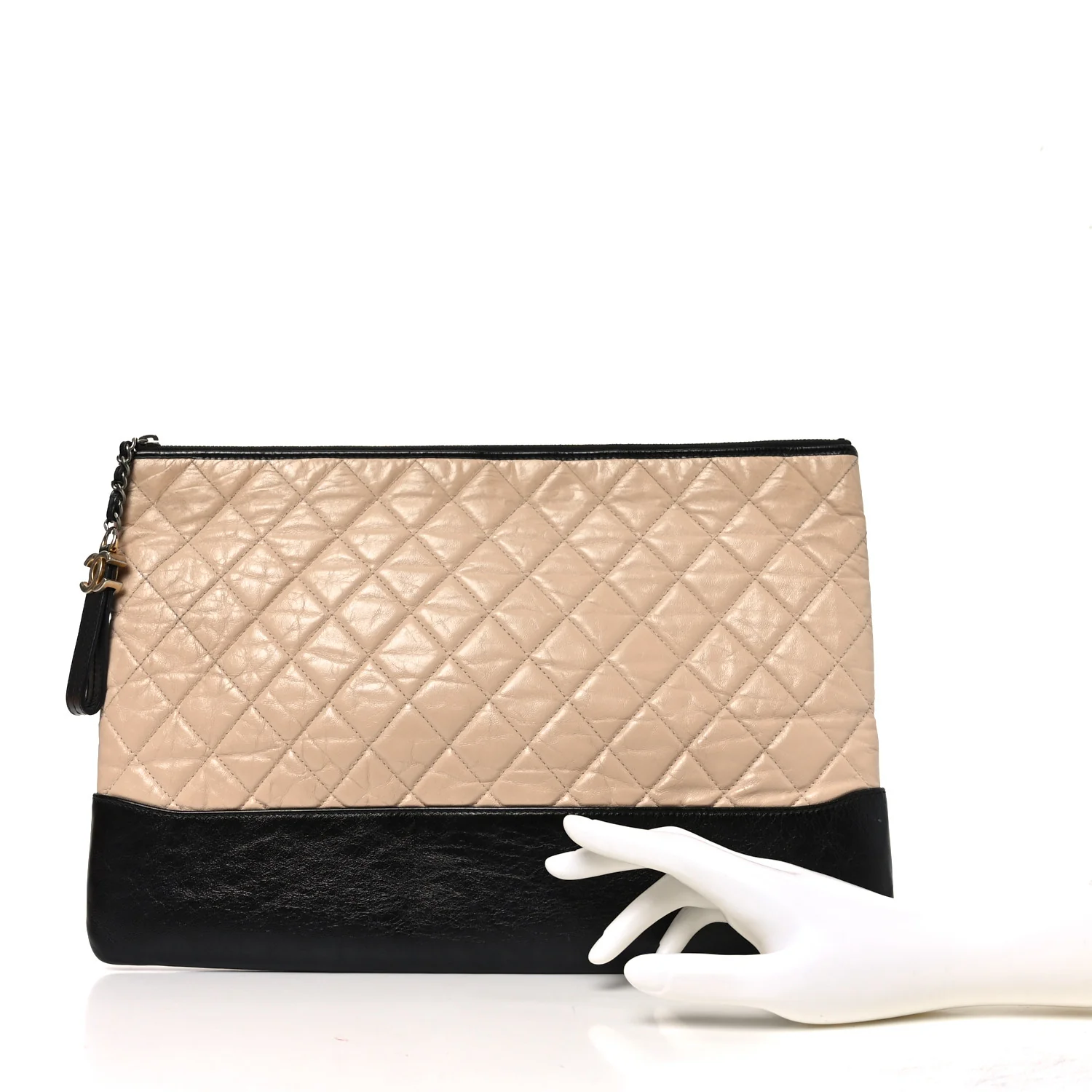 Aged Calfskin Quilted Large Gabrielle Cosmetic Case Beige Black - Image 2