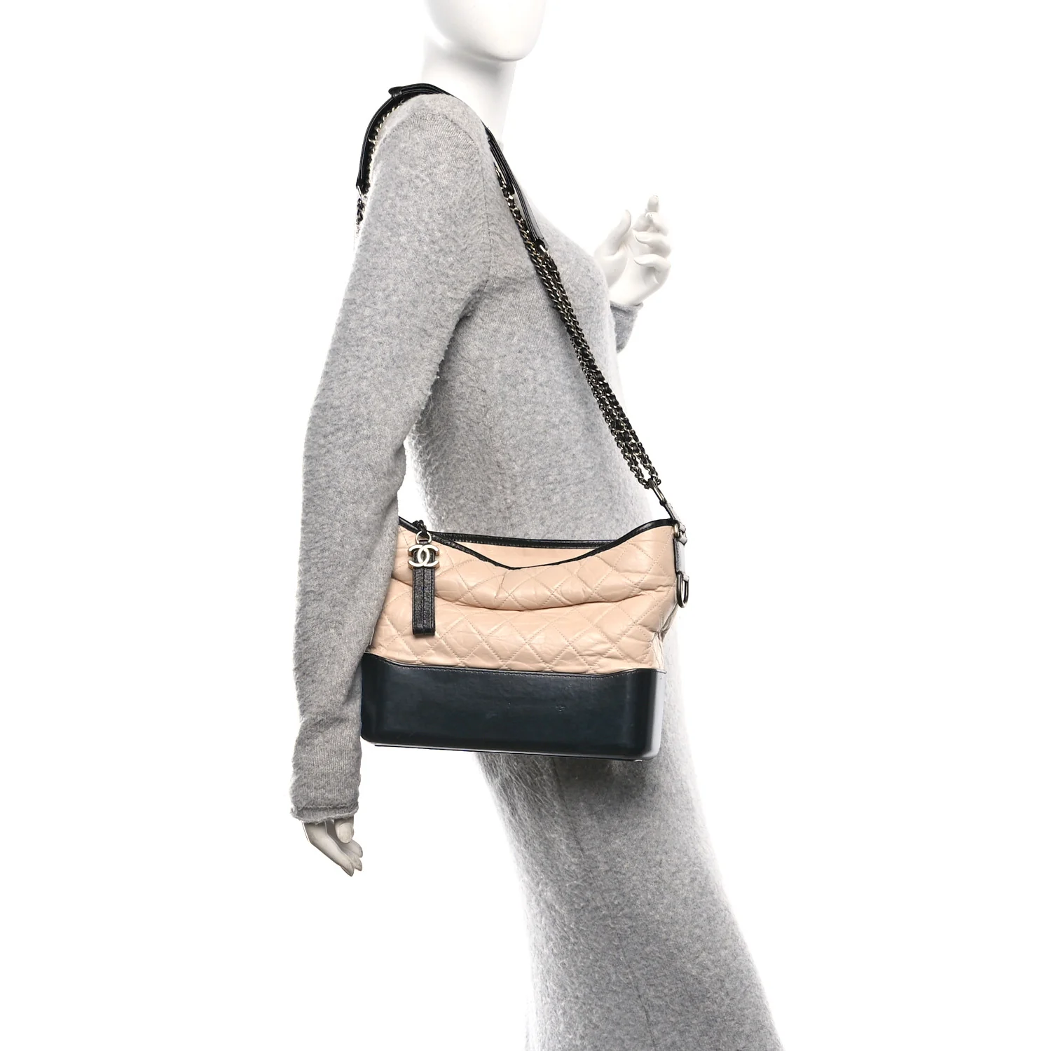 Aged Calfskin Quilted Medium Gabrielle Hobo Beige Black - Image 2