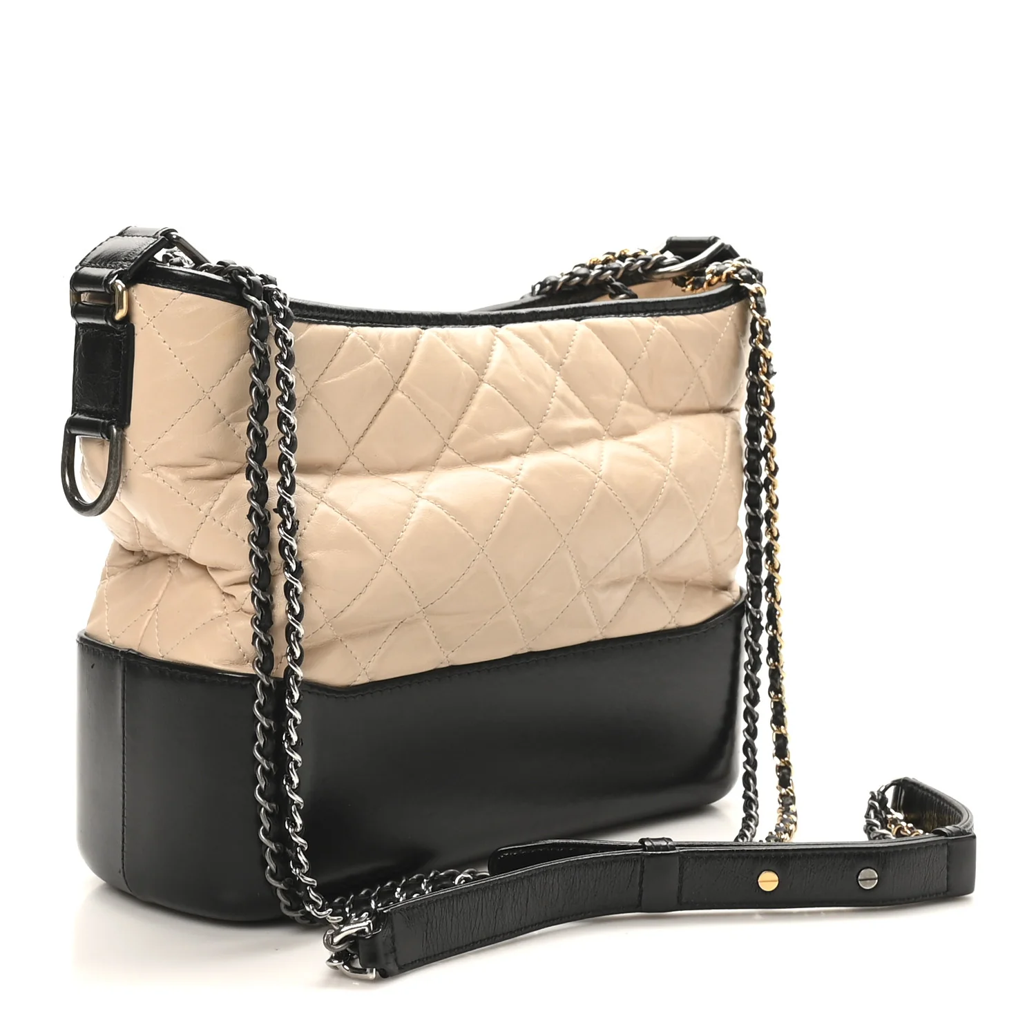 Aged Calfskin Quilted Medium Gabrielle Hobo Beige Black - Image 3