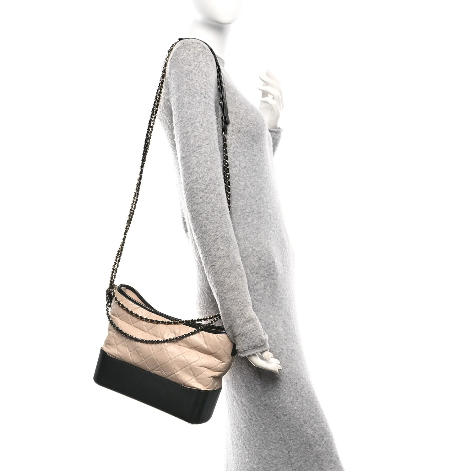 Aged Calfskin Quilted Medium Gabrielle Hobo Beige Black - Image 2