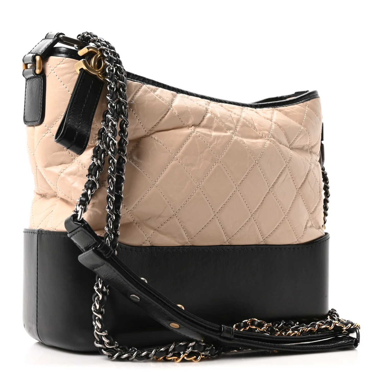Aged Calfskin Quilted Medium Gabrielle Hobo Beige Black - Image 3