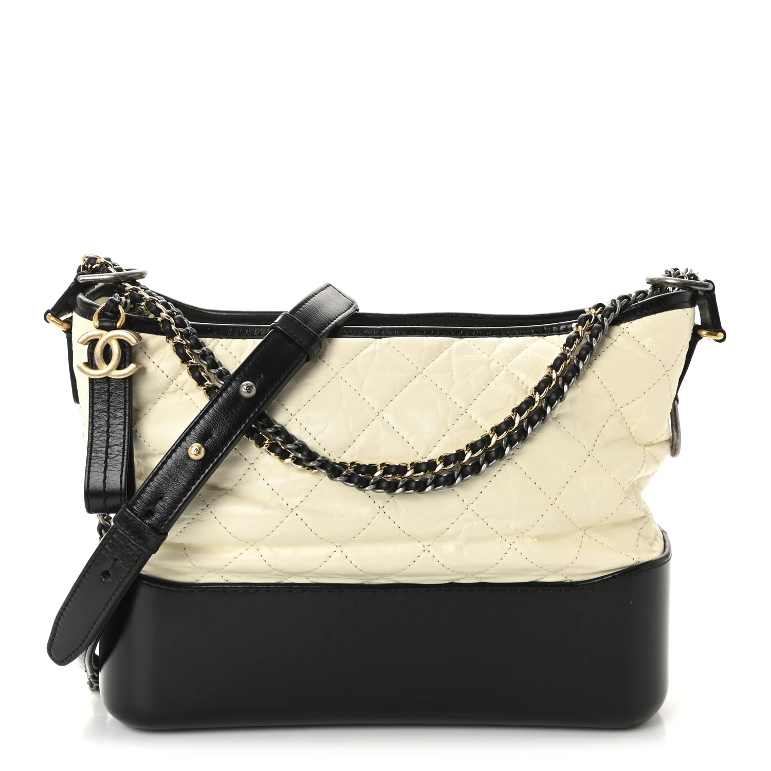 Aged Calfskin Quilted Medium Gabrielle Hobo Black White