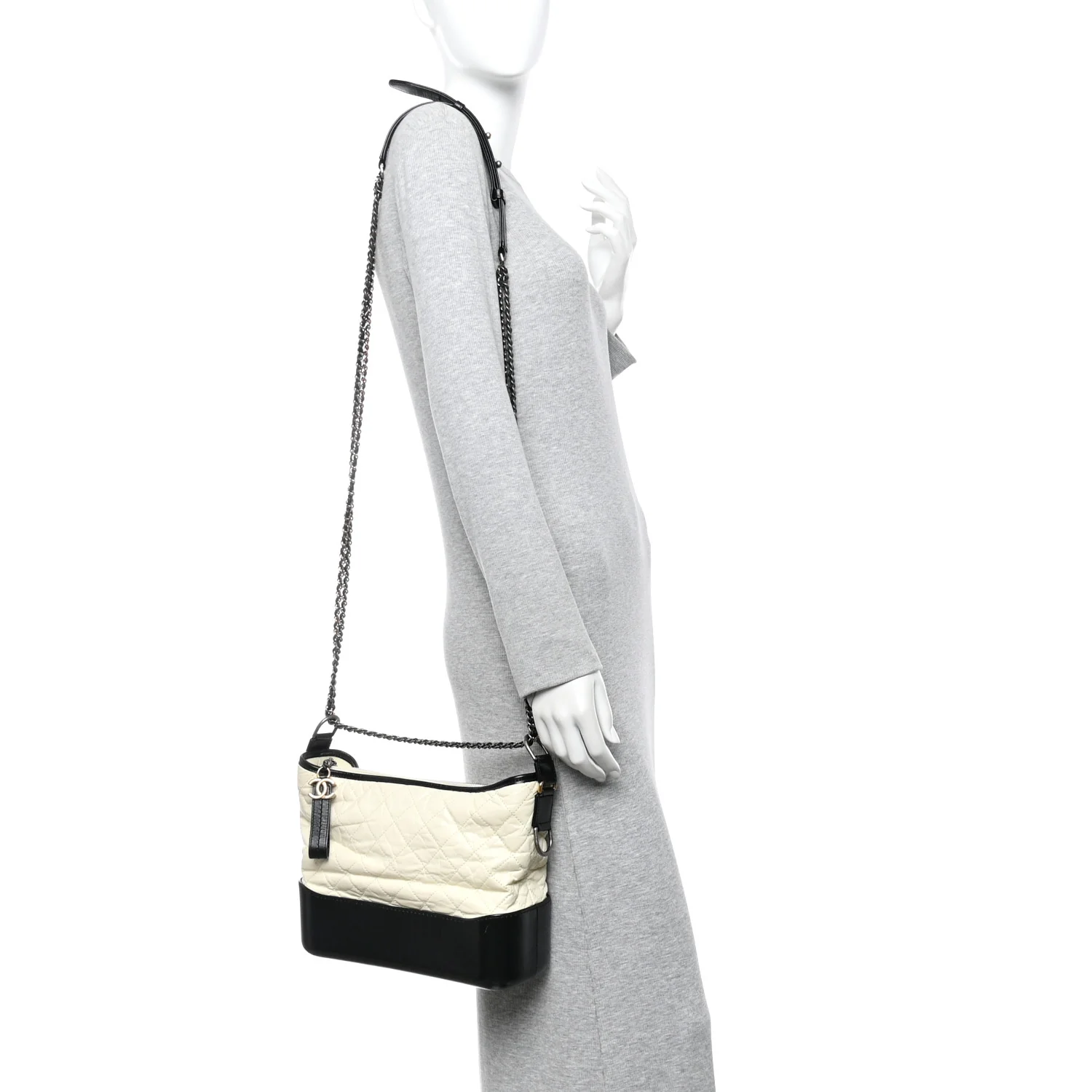 Aged Calfskin Quilted Medium Gabrielle Hobo Black White - Image 2