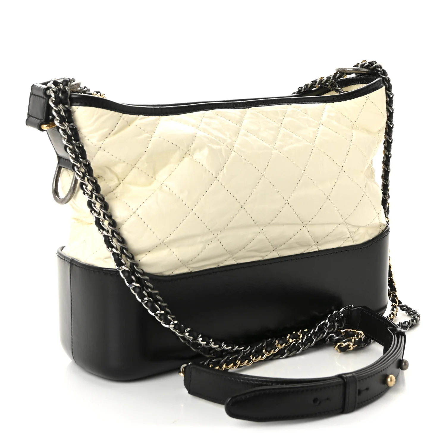 Aged Calfskin Quilted Medium Gabrielle Hobo Black White - Image 3