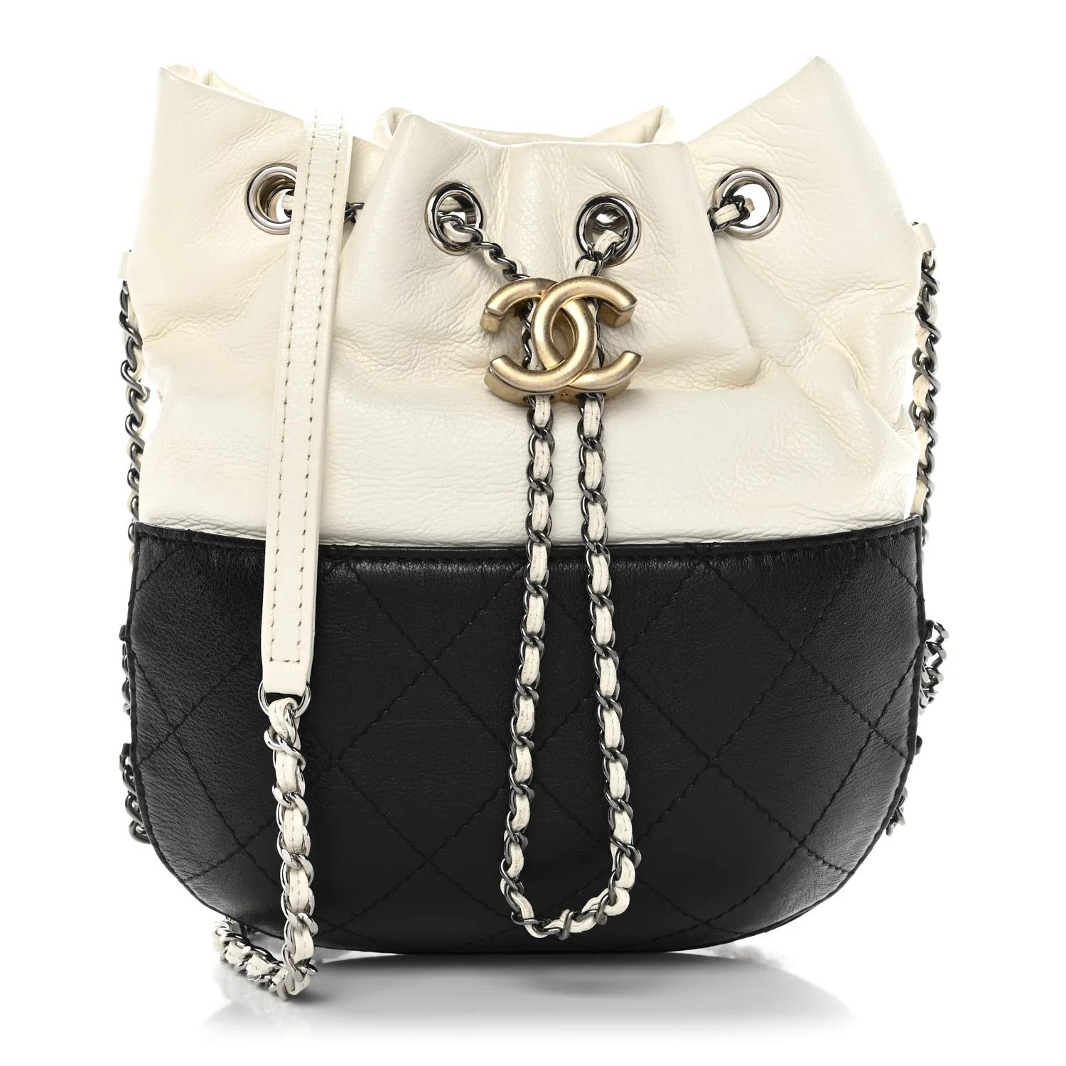 Aged Calfskin Quilted Small Gabrielle Bucket White Black