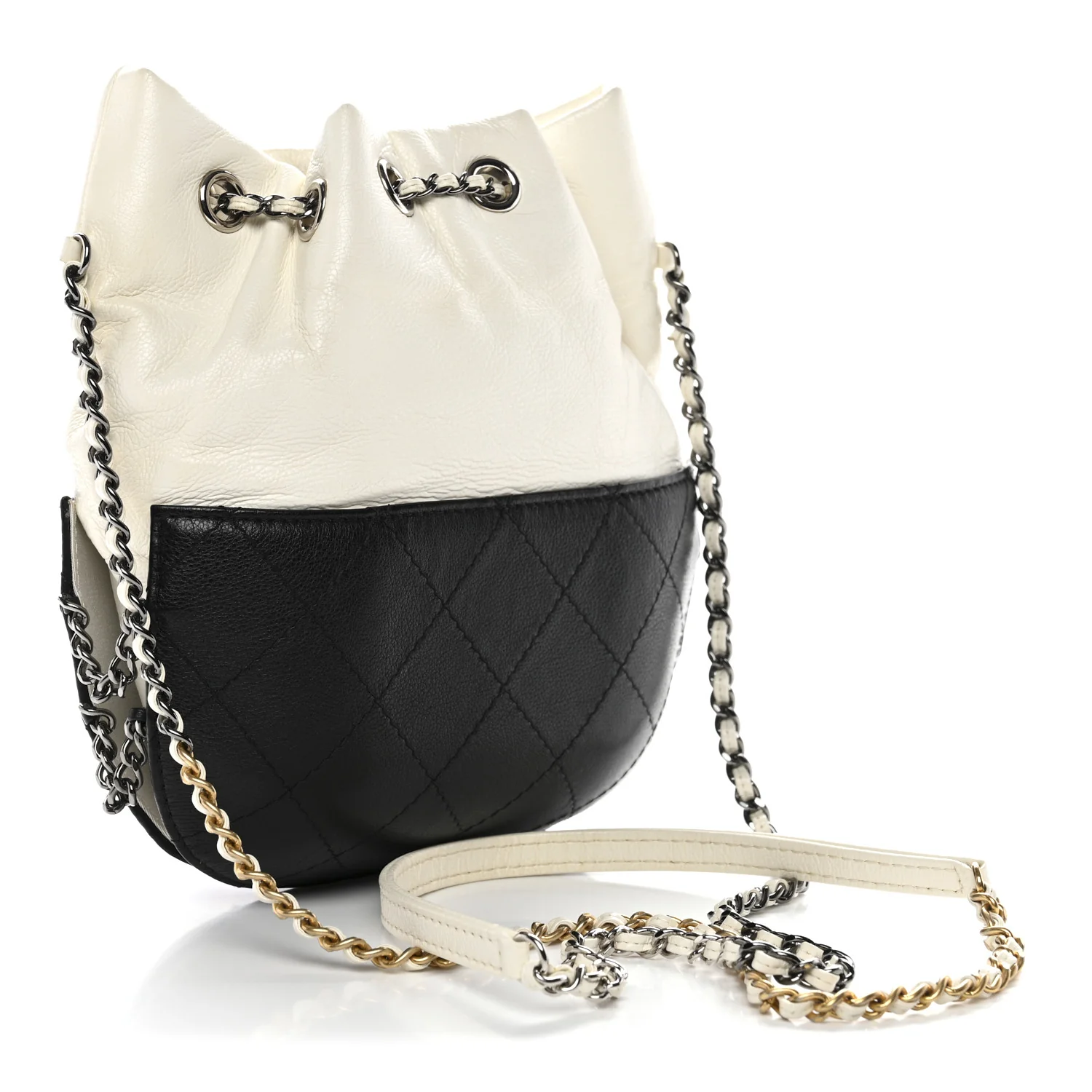 Aged Calfskin Quilted Small Gabrielle Bucket White Black - Image 2