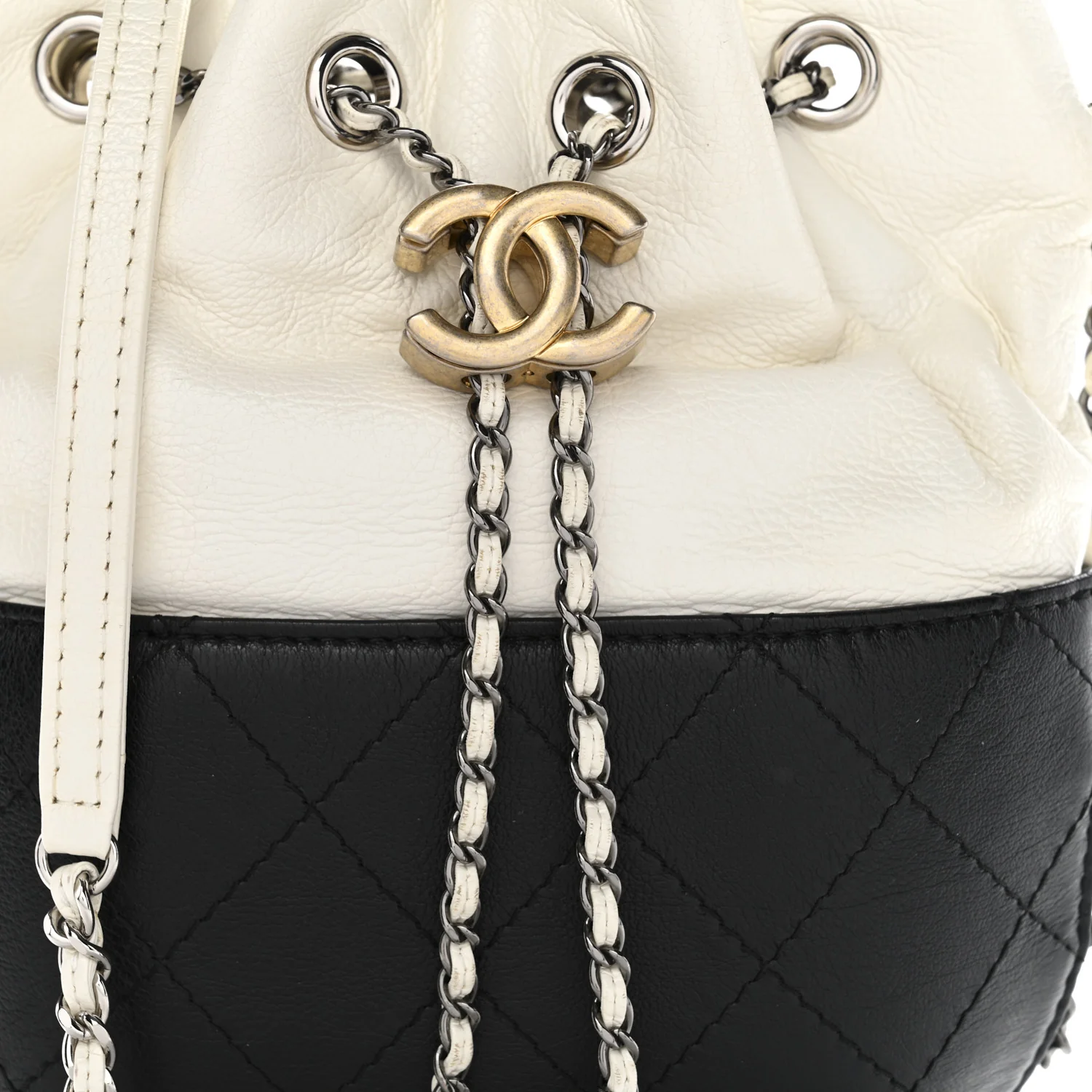 Aged Calfskin Quilted Small Gabrielle Bucket White Black - Image 7