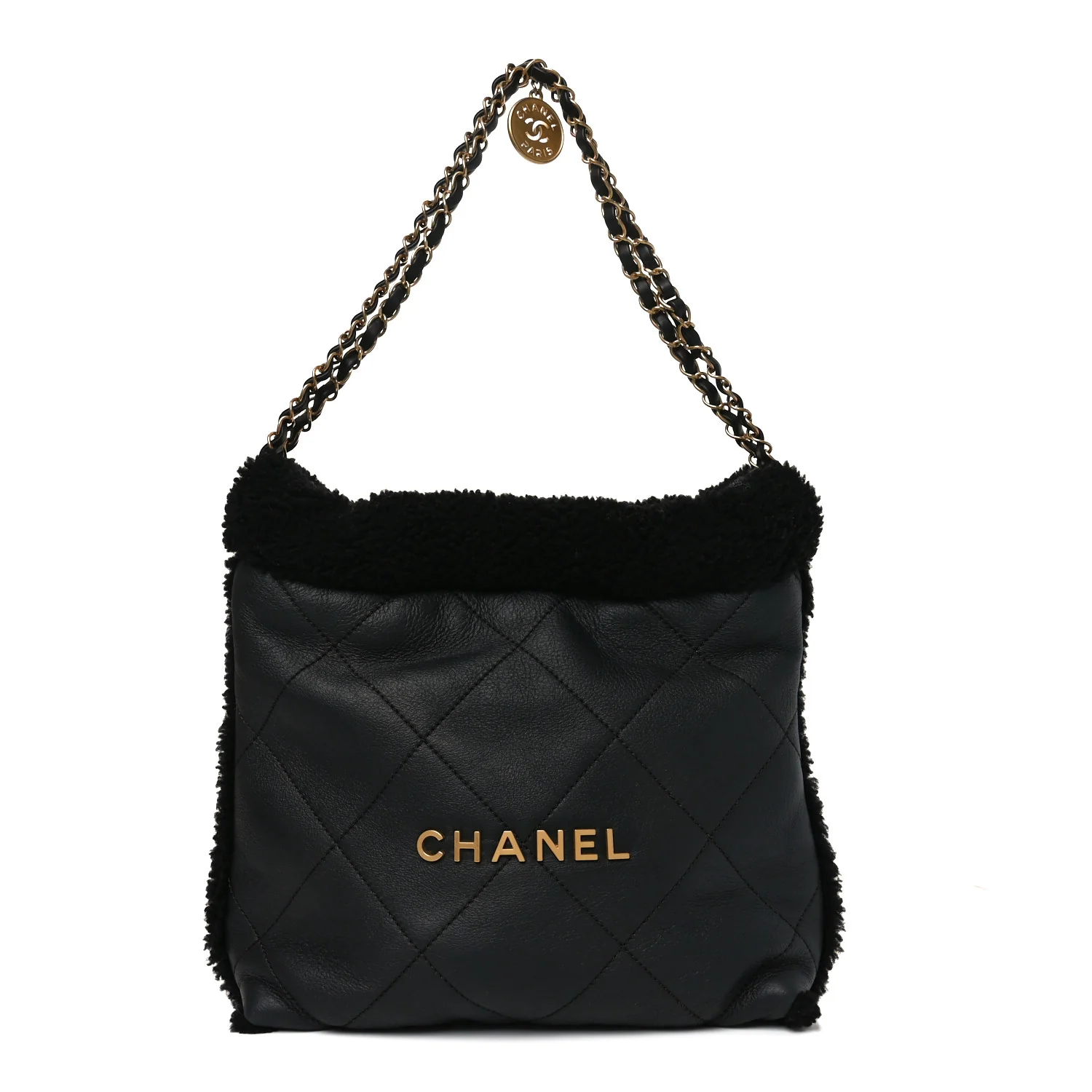 Aged Lambskin Shearling Quilted Small Chanel 22 Black