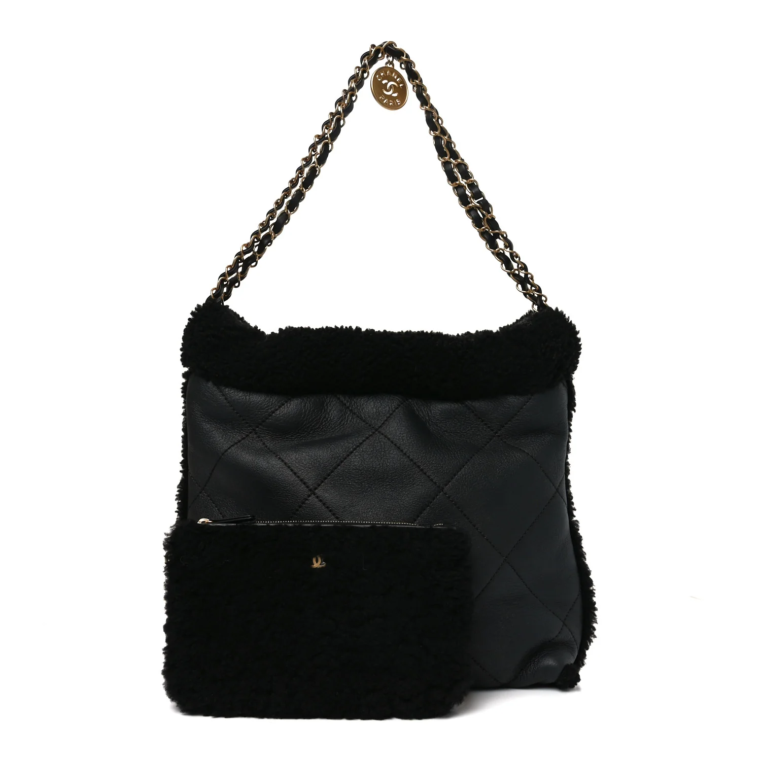 Aged Lambskin Shearling Quilted Small Chanel 22 Black - Image 3